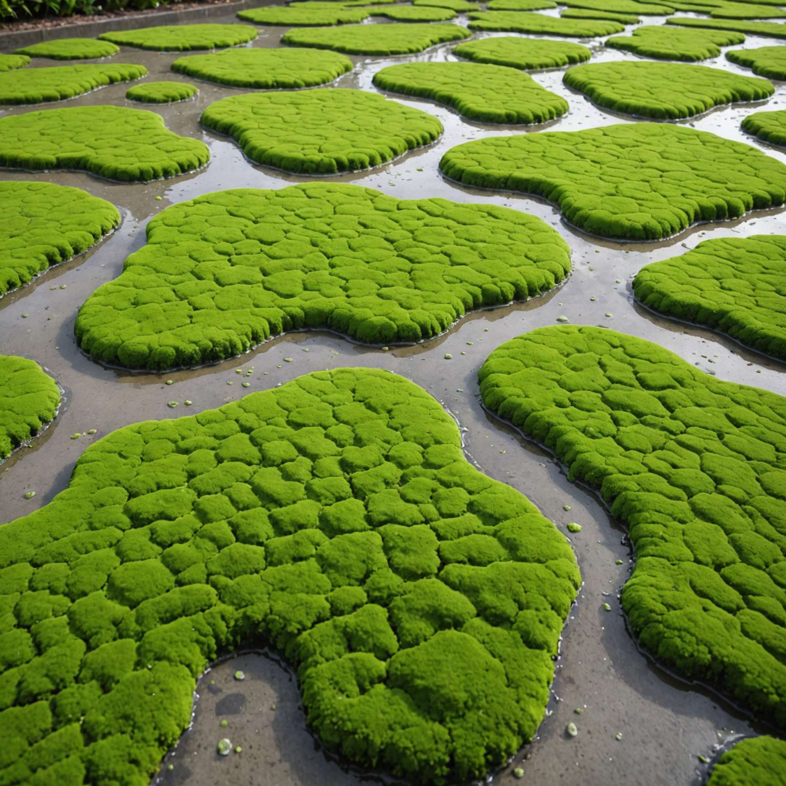 Close-up of green algae film on patio surface