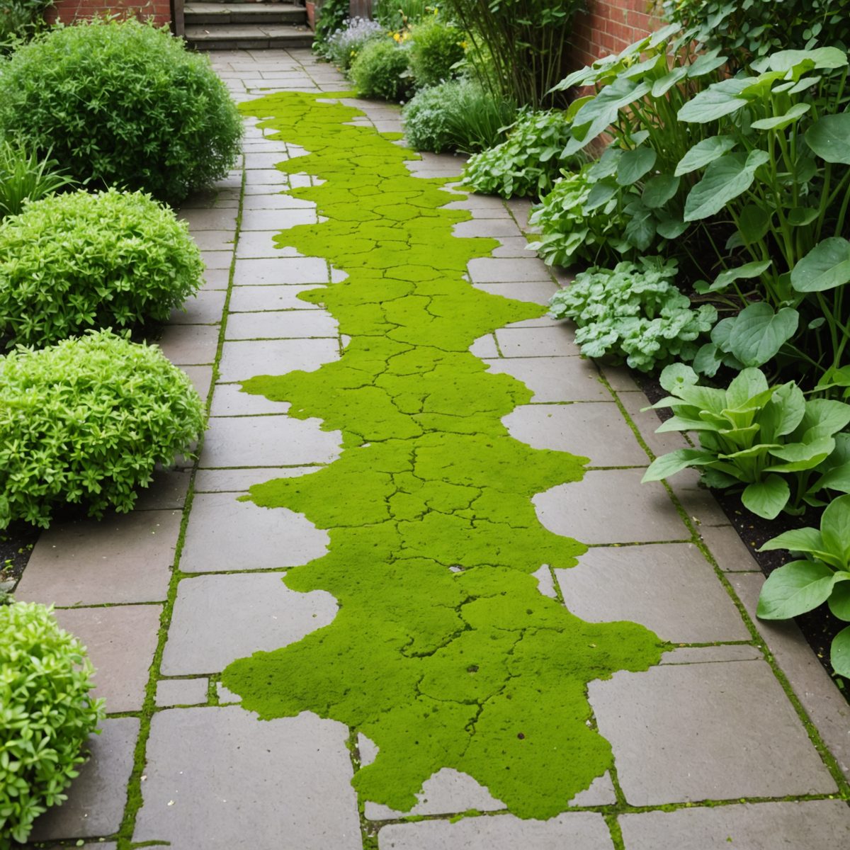 Green algae on slippery garden path
