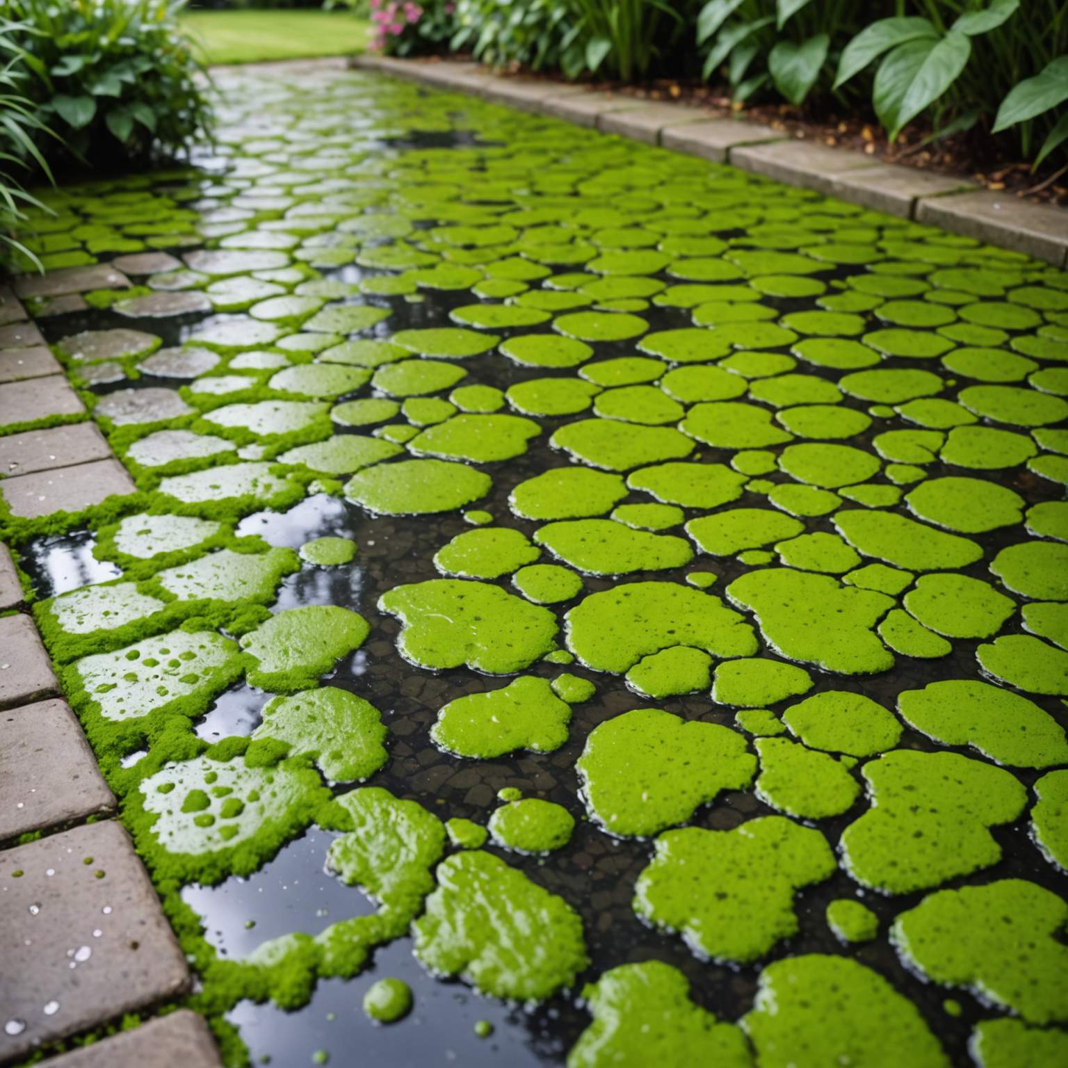 Close-up of slippery wet algae on patio