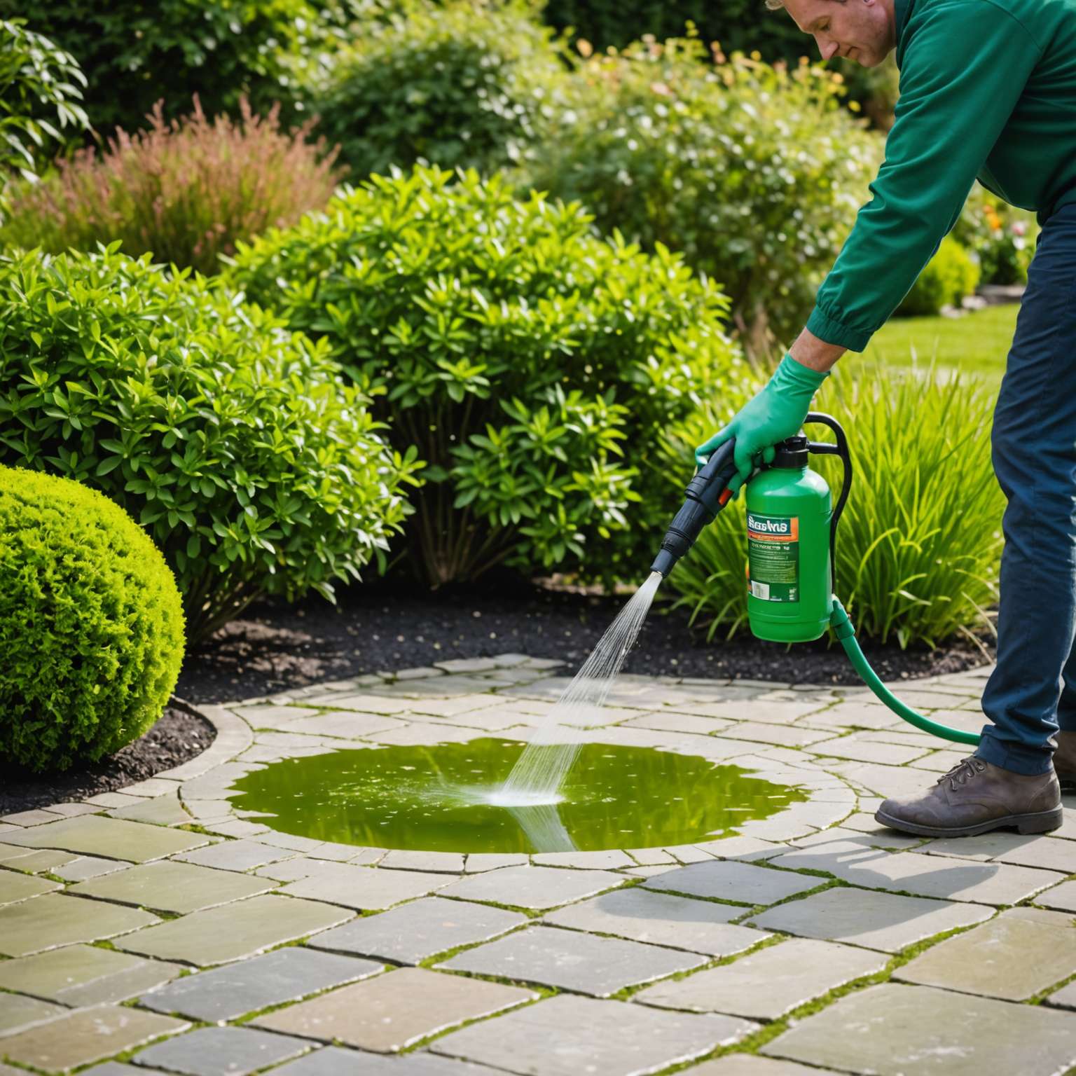 Person spraying algae treatment onto patio