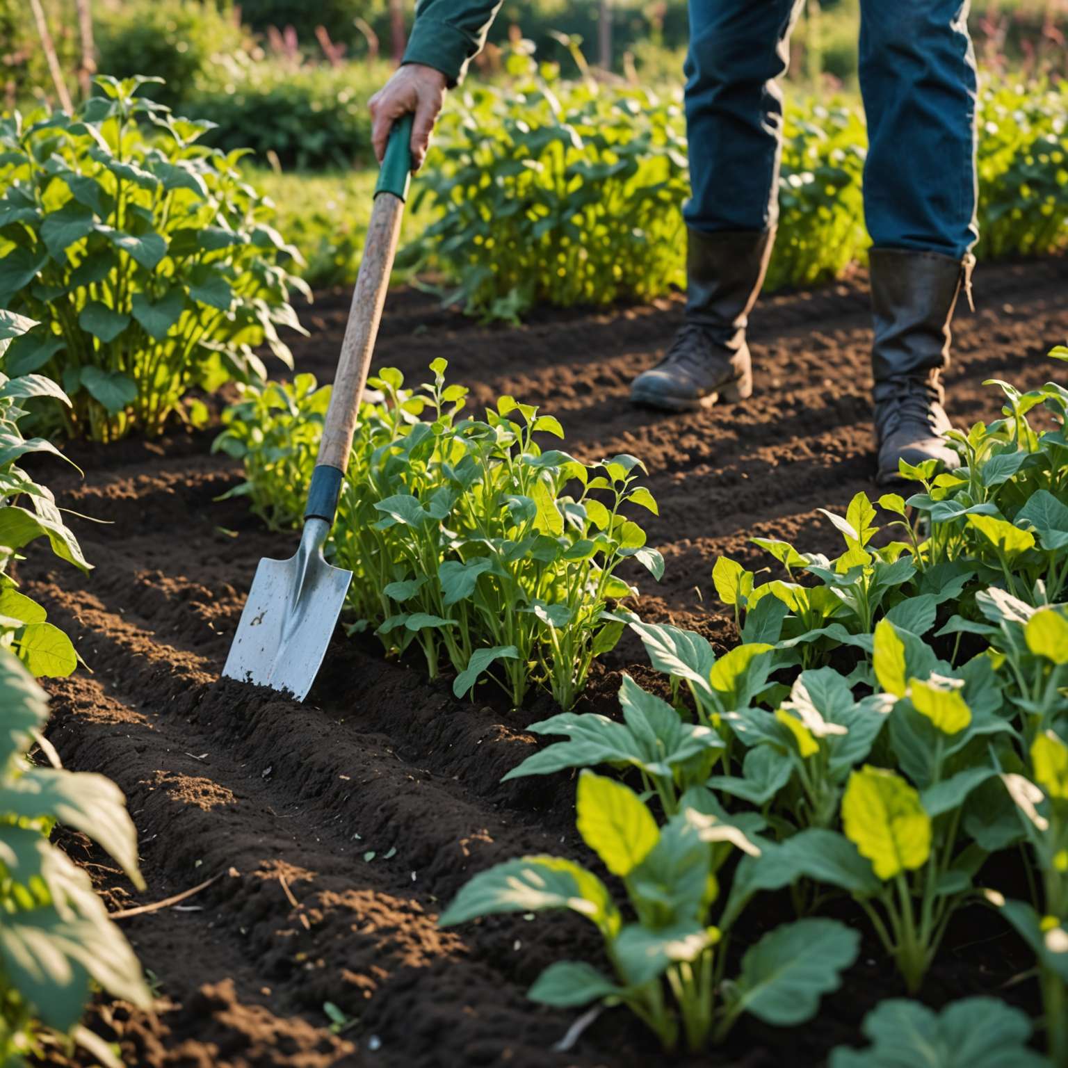 Hoeing weeds between allotment crops