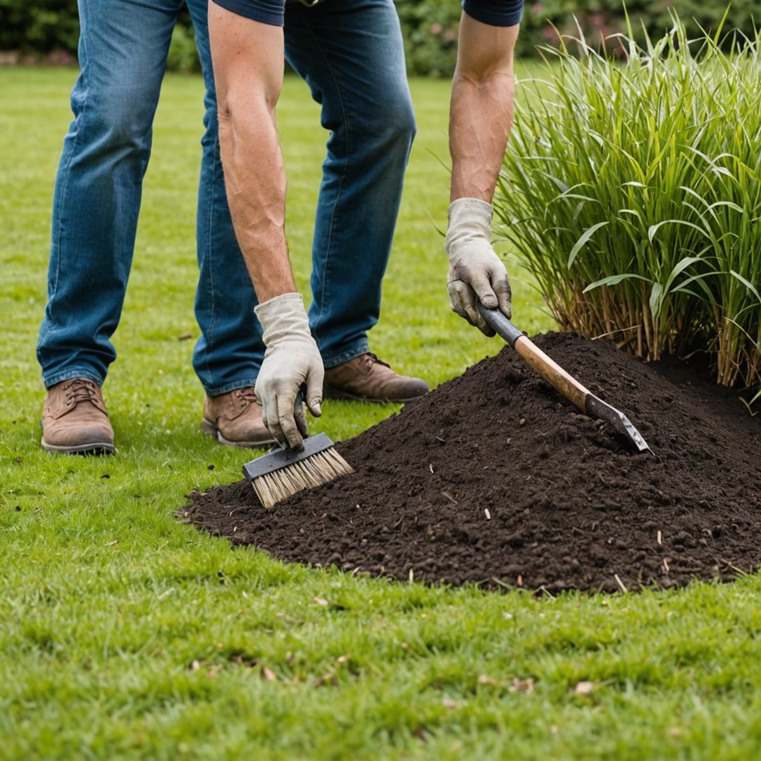 Brushing ant hill flat on lawn