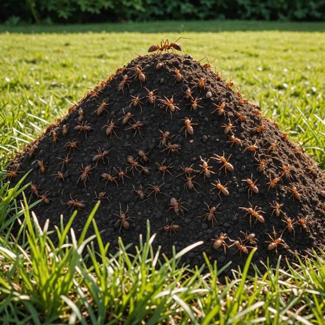 Close up of ant hill mound on lawn
