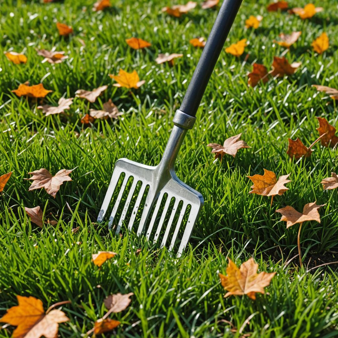 Aerating lawn with garden fork in autumn