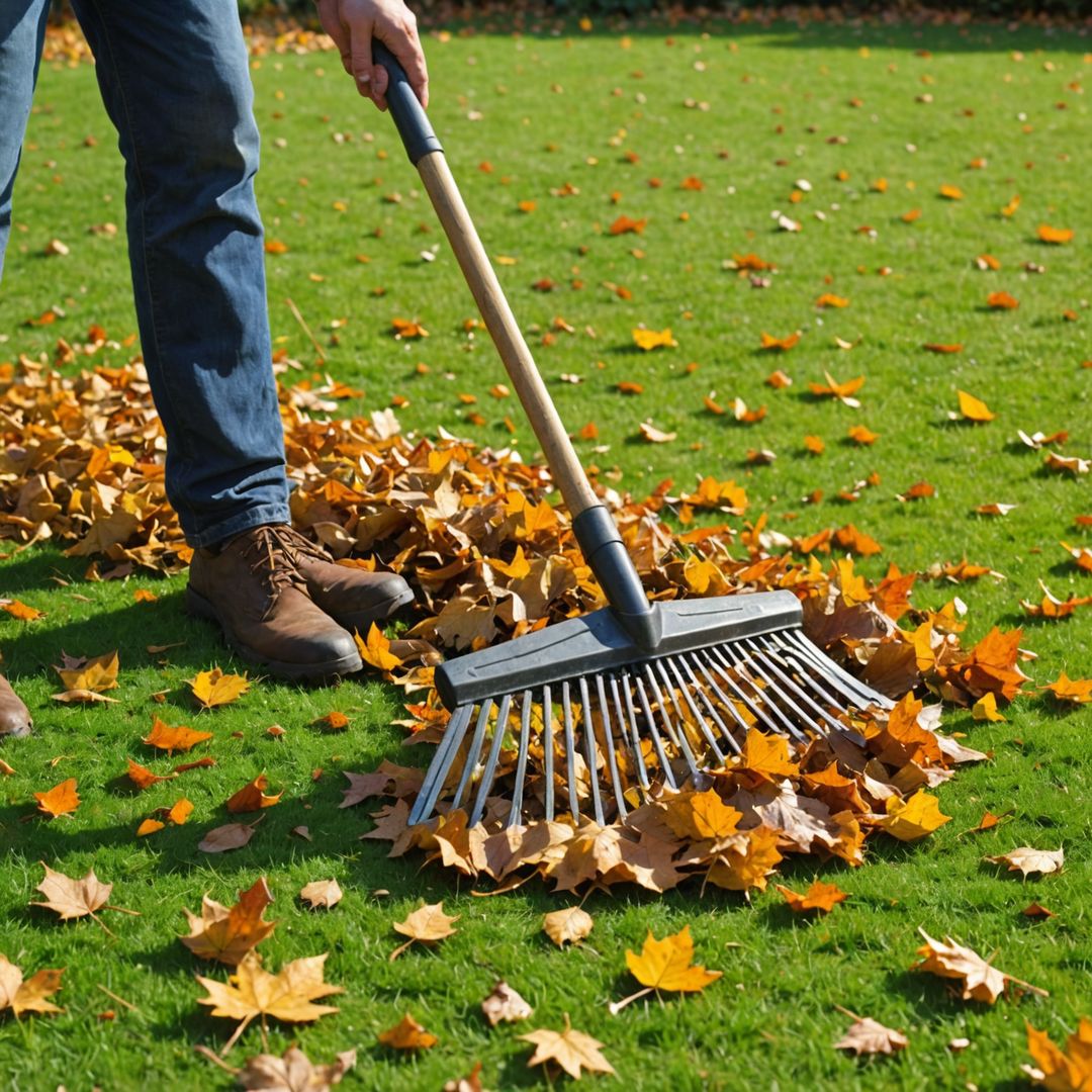 Raking fallen leaves off lawn in autumn UK garden