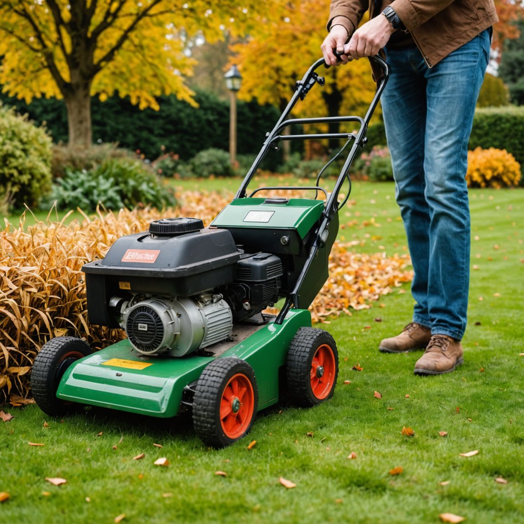 Scarifying lawn in autumn to remove thatch and moss