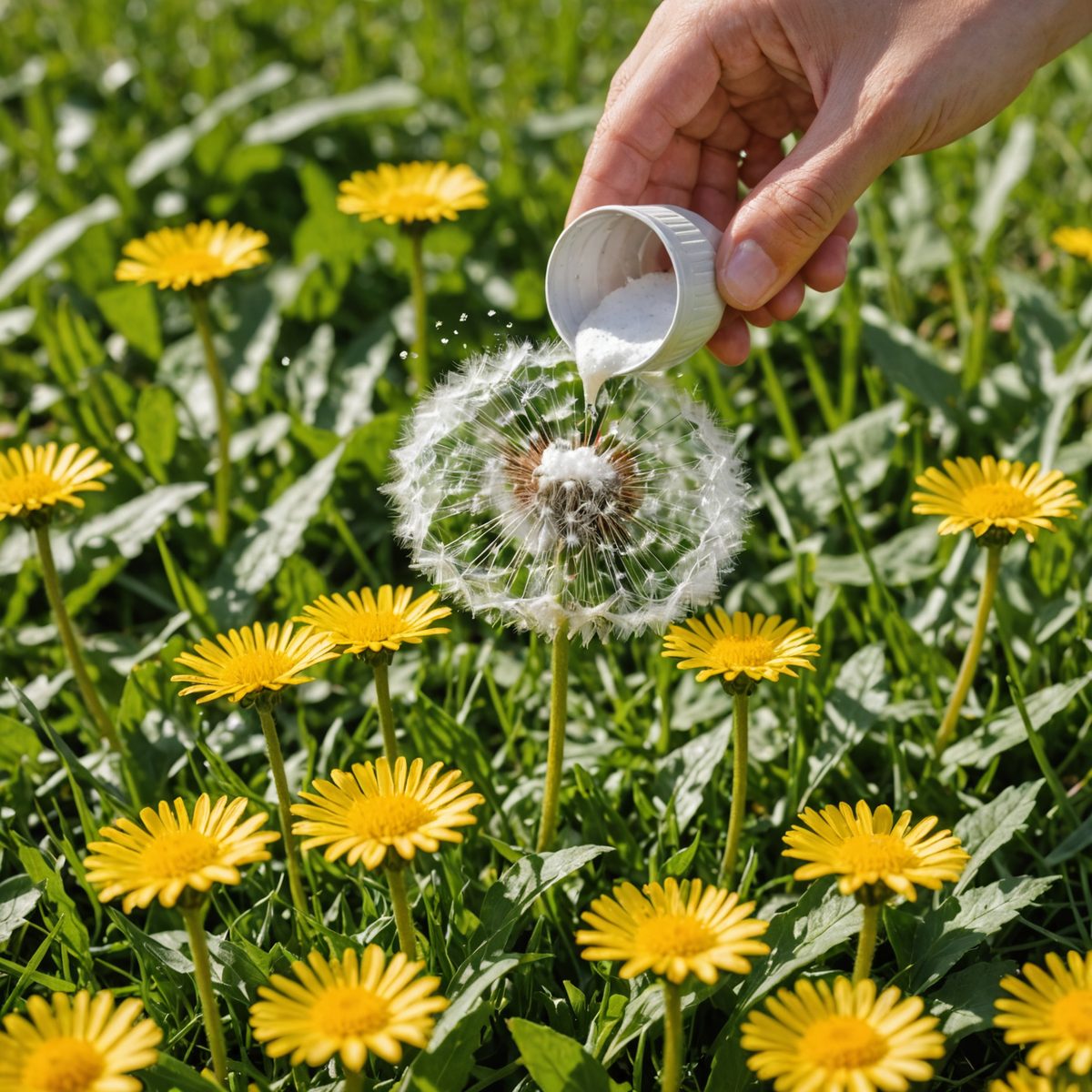 Applying baking soda to dandelion in lawn