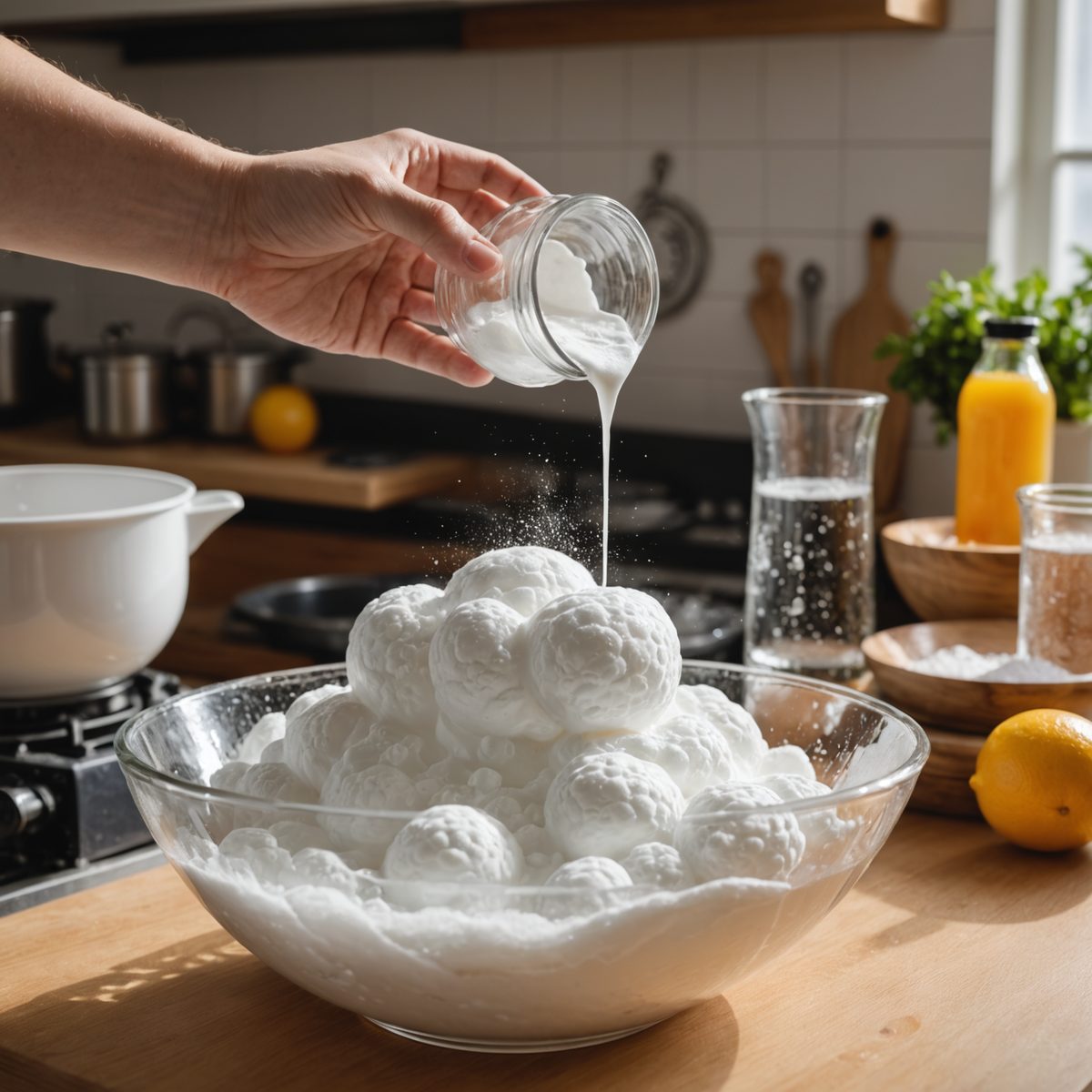 Baking soda and vinegar fizzing reaction