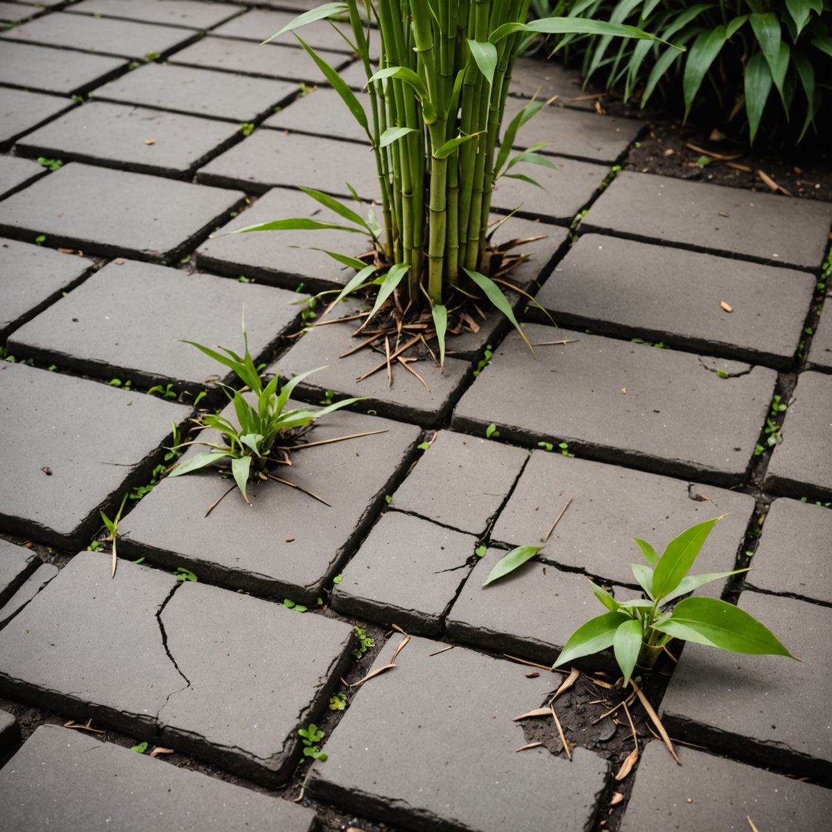 Bamboo shoots pushing up through cracked paving slabs