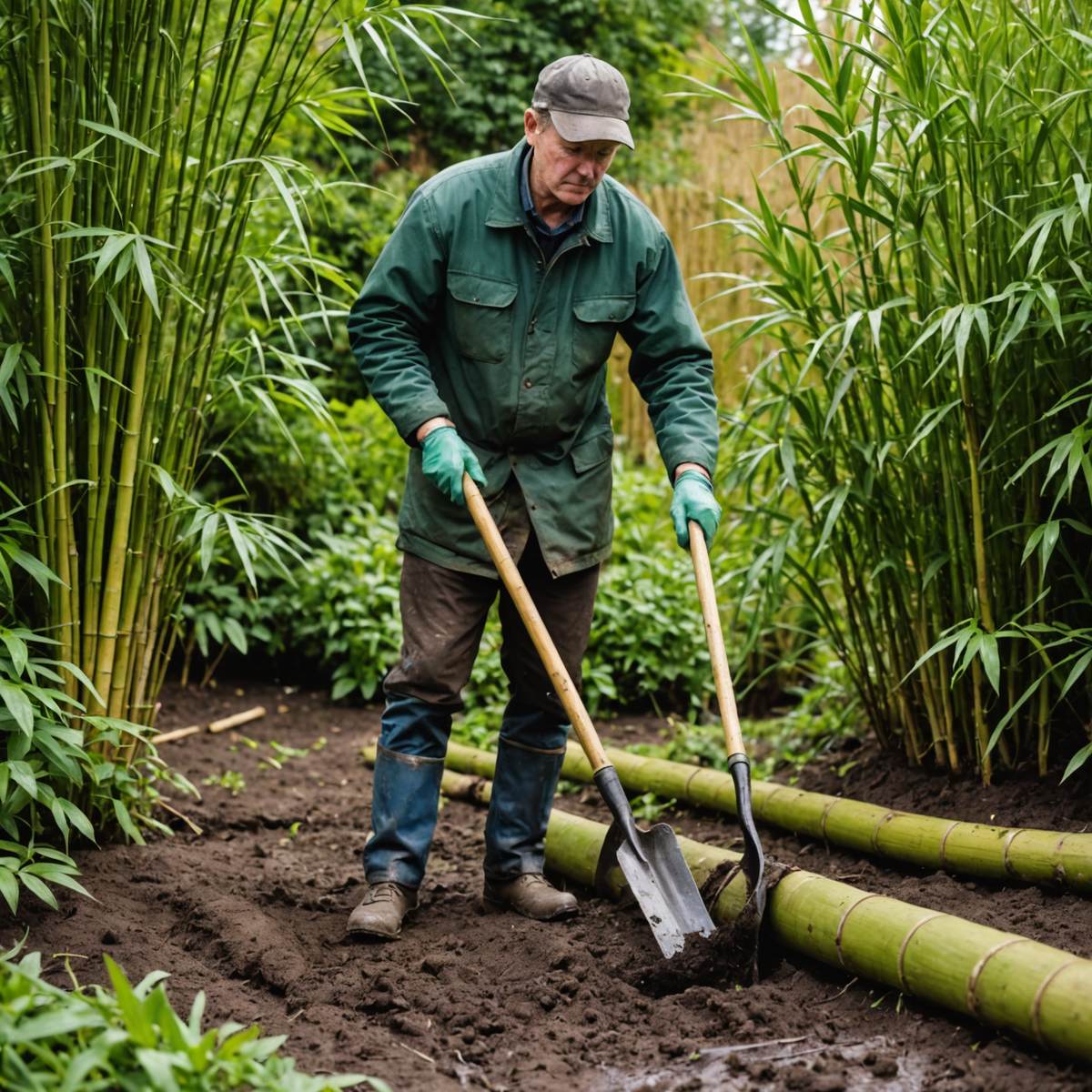 Gardener using a spade to dig out bamboo rhizomes