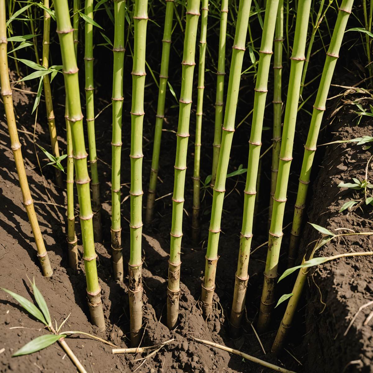 Exposed bamboo rhizomes showing horizontal spreading underground stems