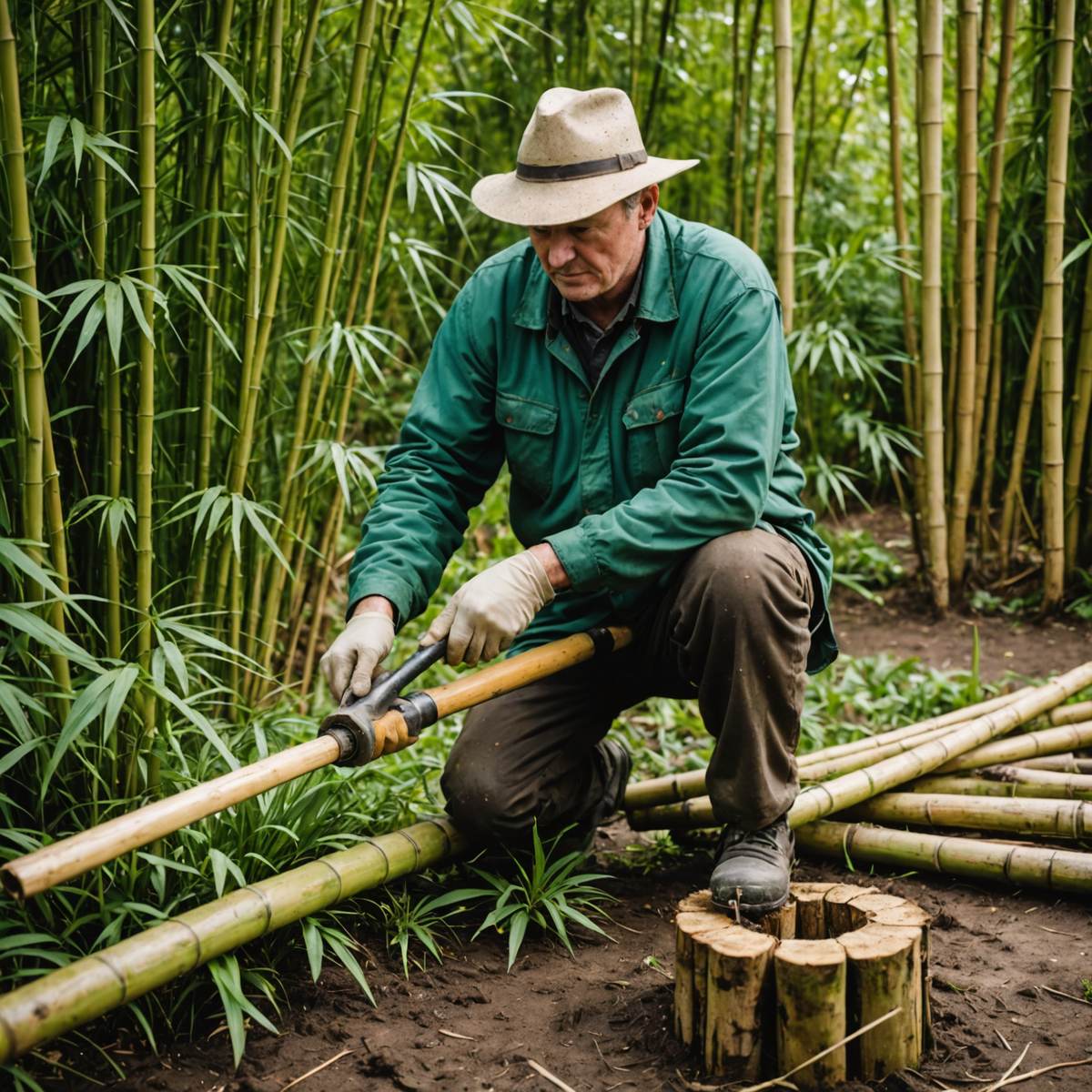Gardener applying weedkiller to cut bamboo stumps