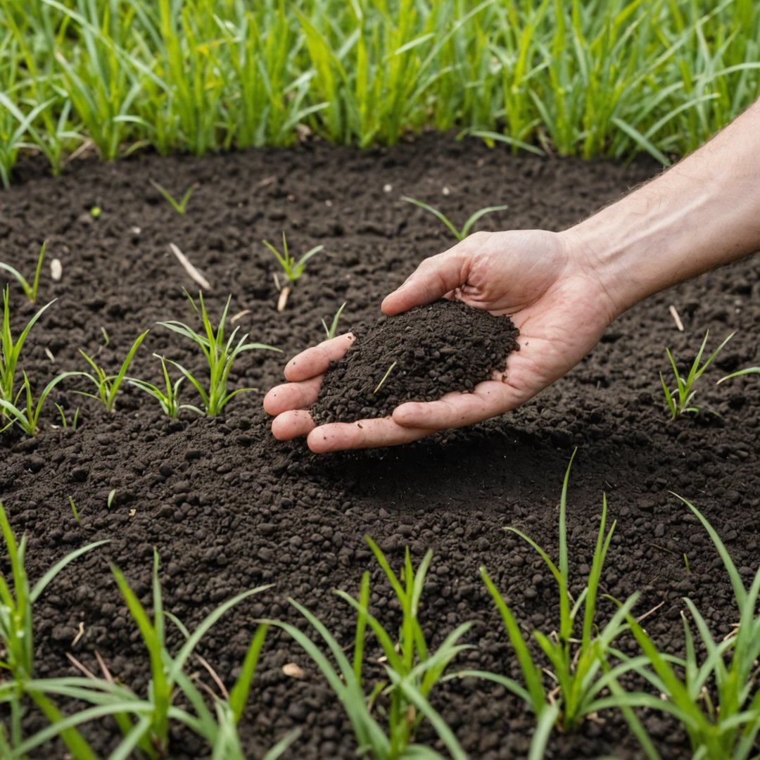Spreading grass seed on bare patch