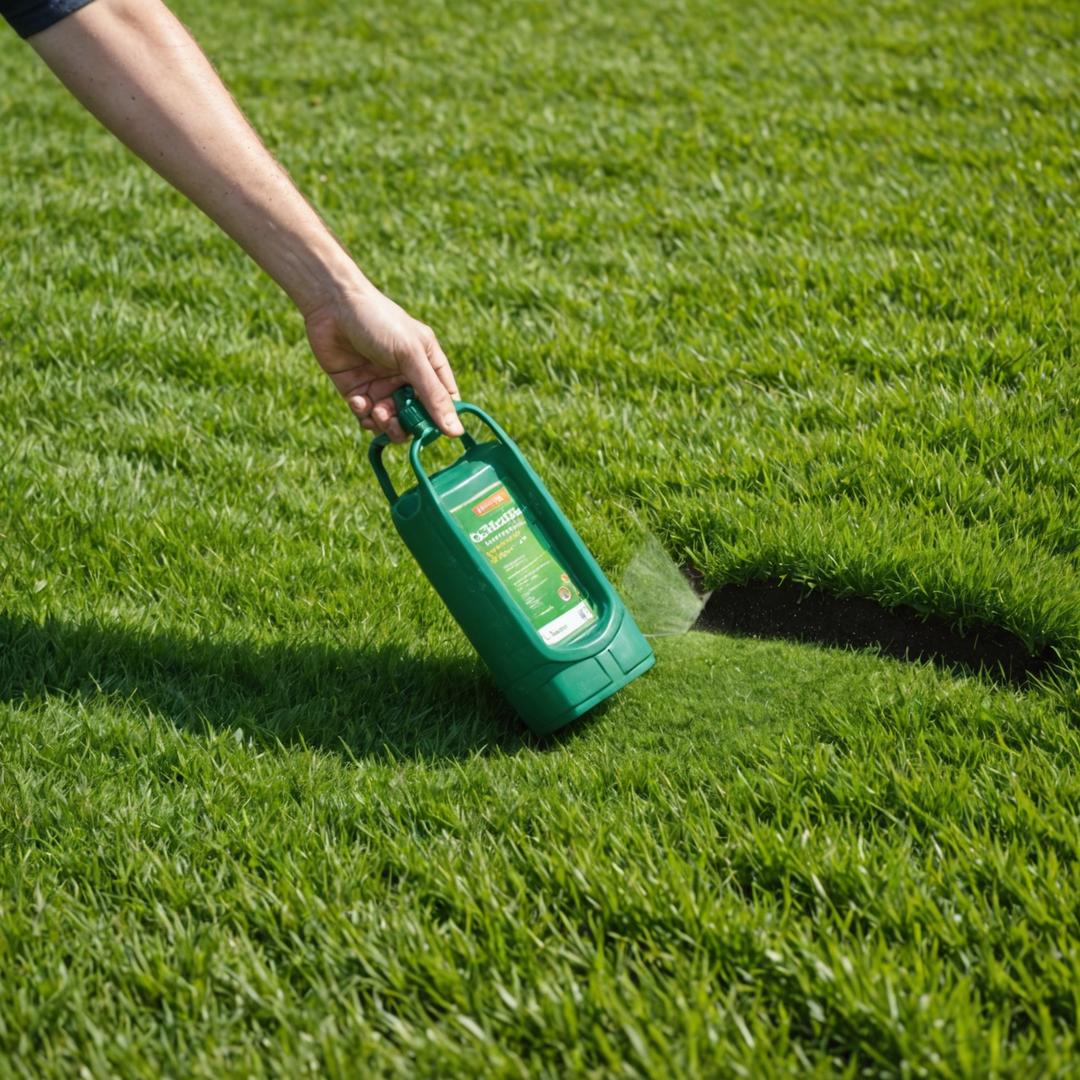 Hand spreading lawn fertiliser granules