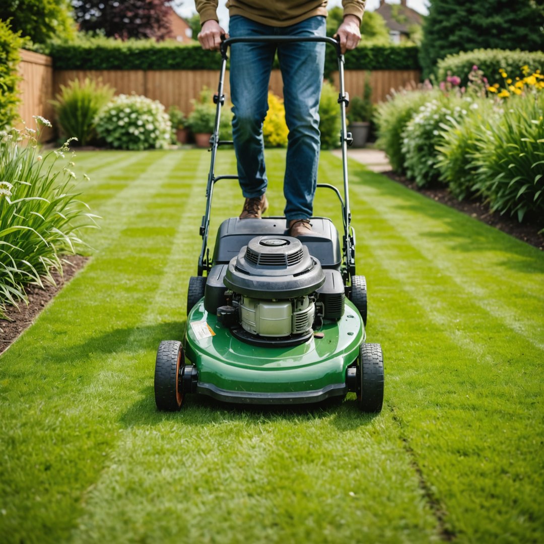 Person mowing lawn in UK garden