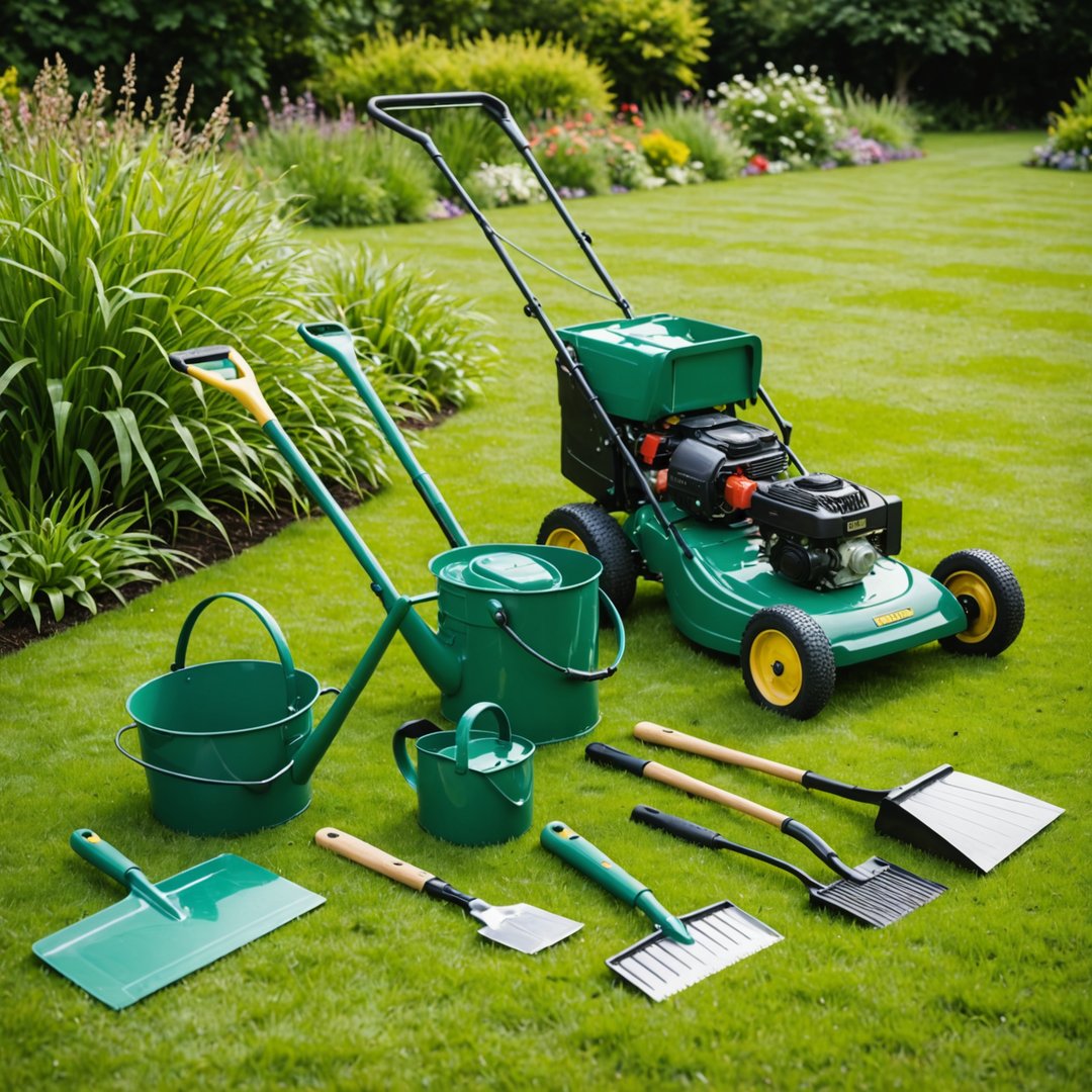 Essential lawn care tools laid out on grass