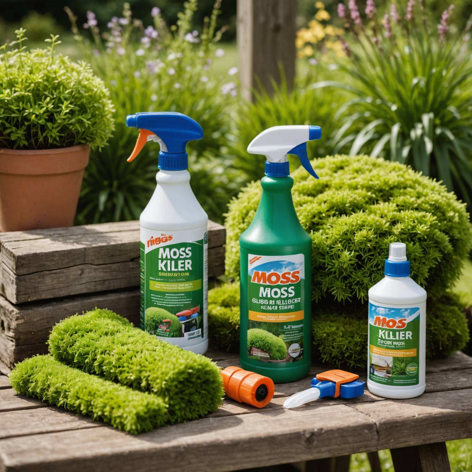 Various moss killer products for UK gardens