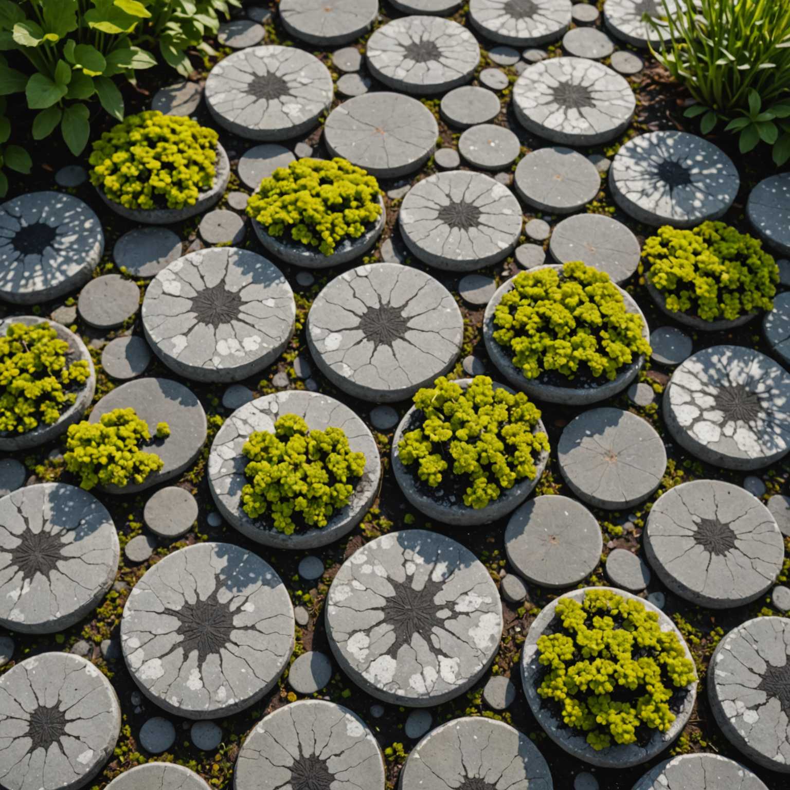 Black spot lichen growing on stone patio slabs
