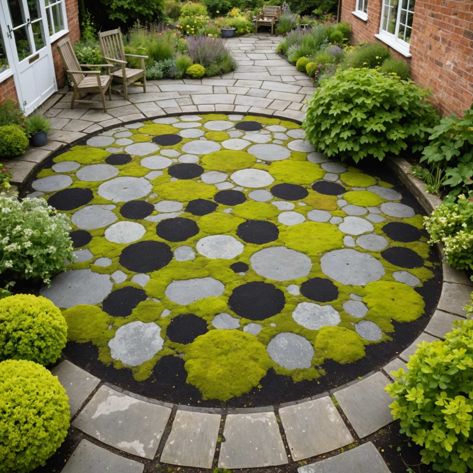 Patio covered with multiple black lichen spots