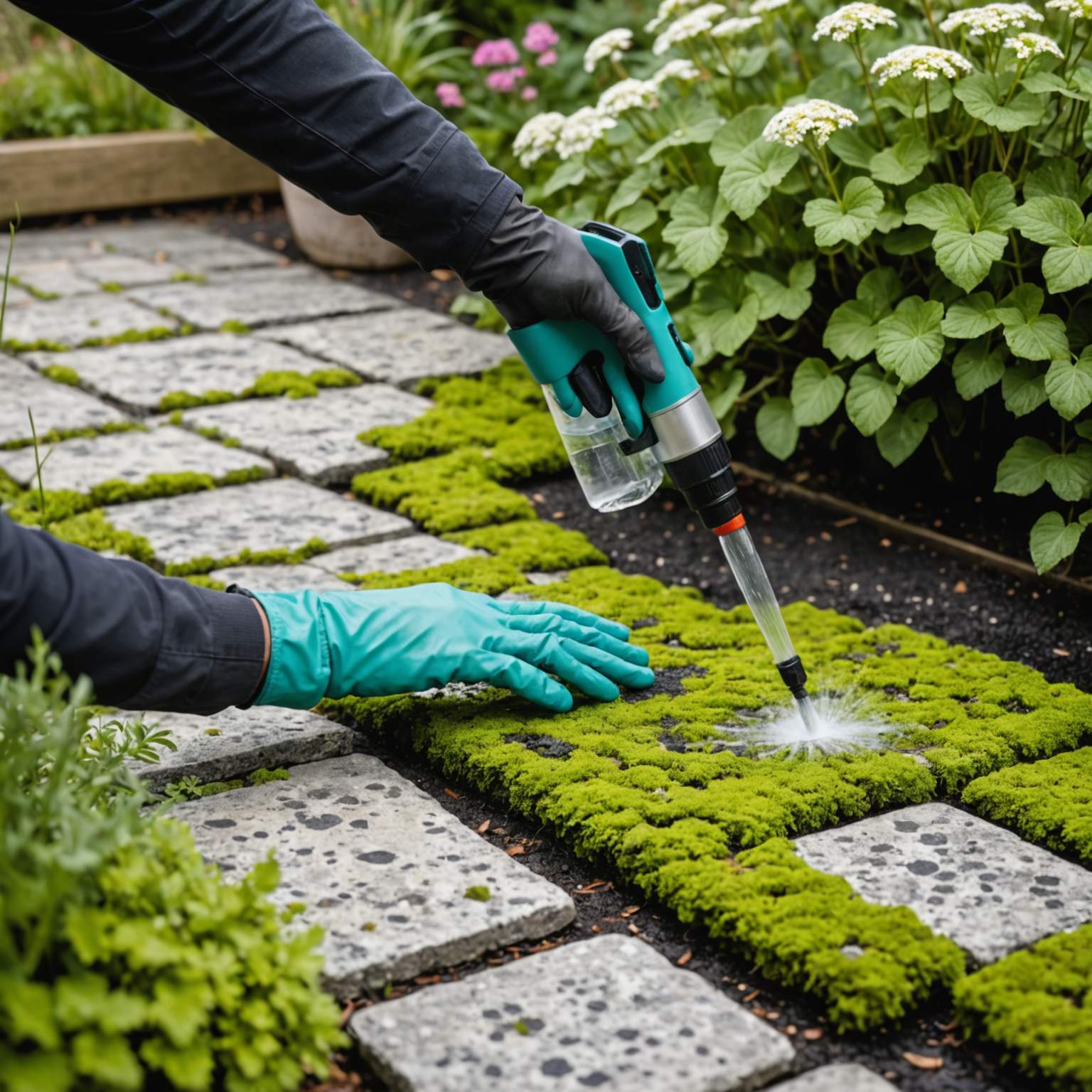Person spraying lichen treatment onto stone patio