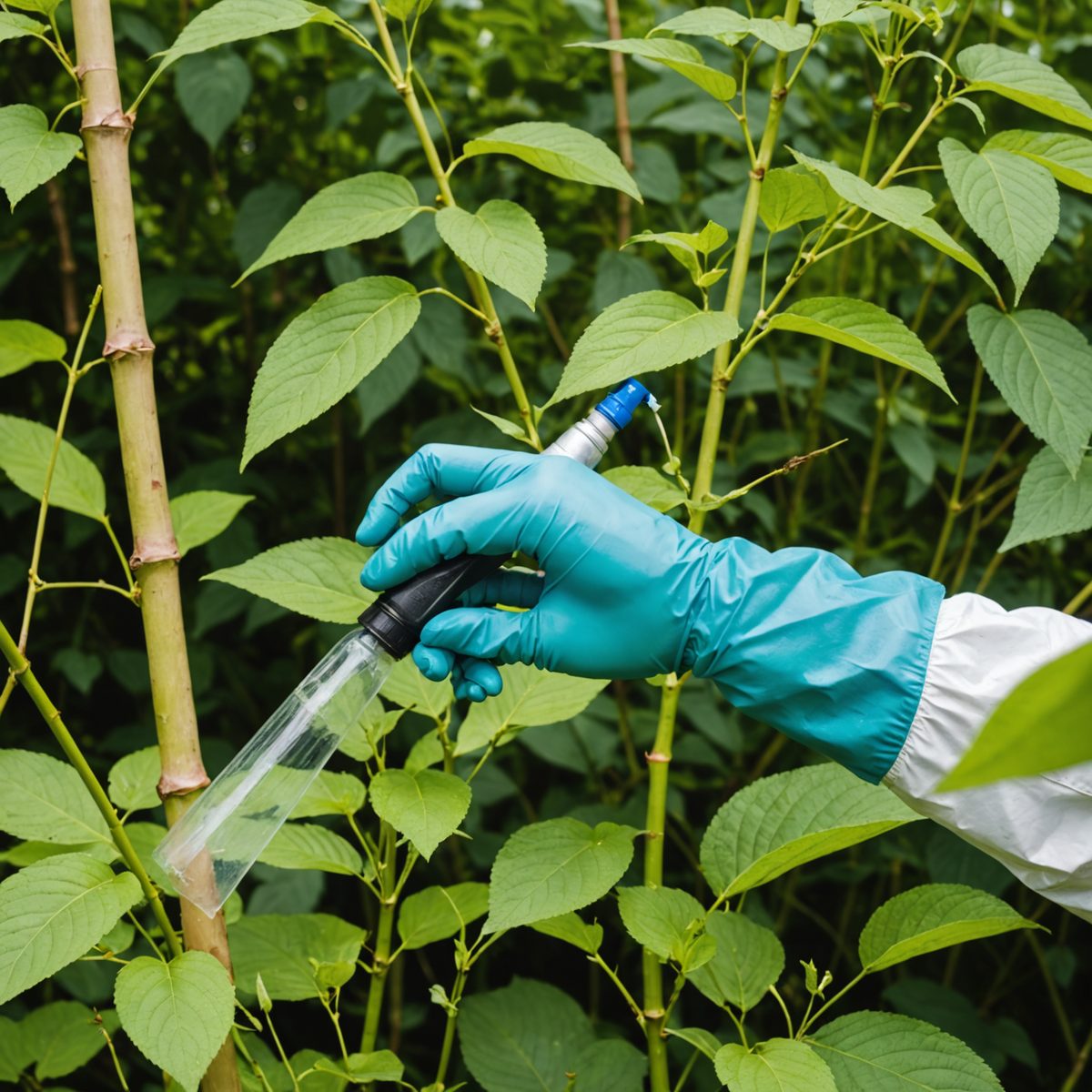 Spraying bleach on knotweed stems
