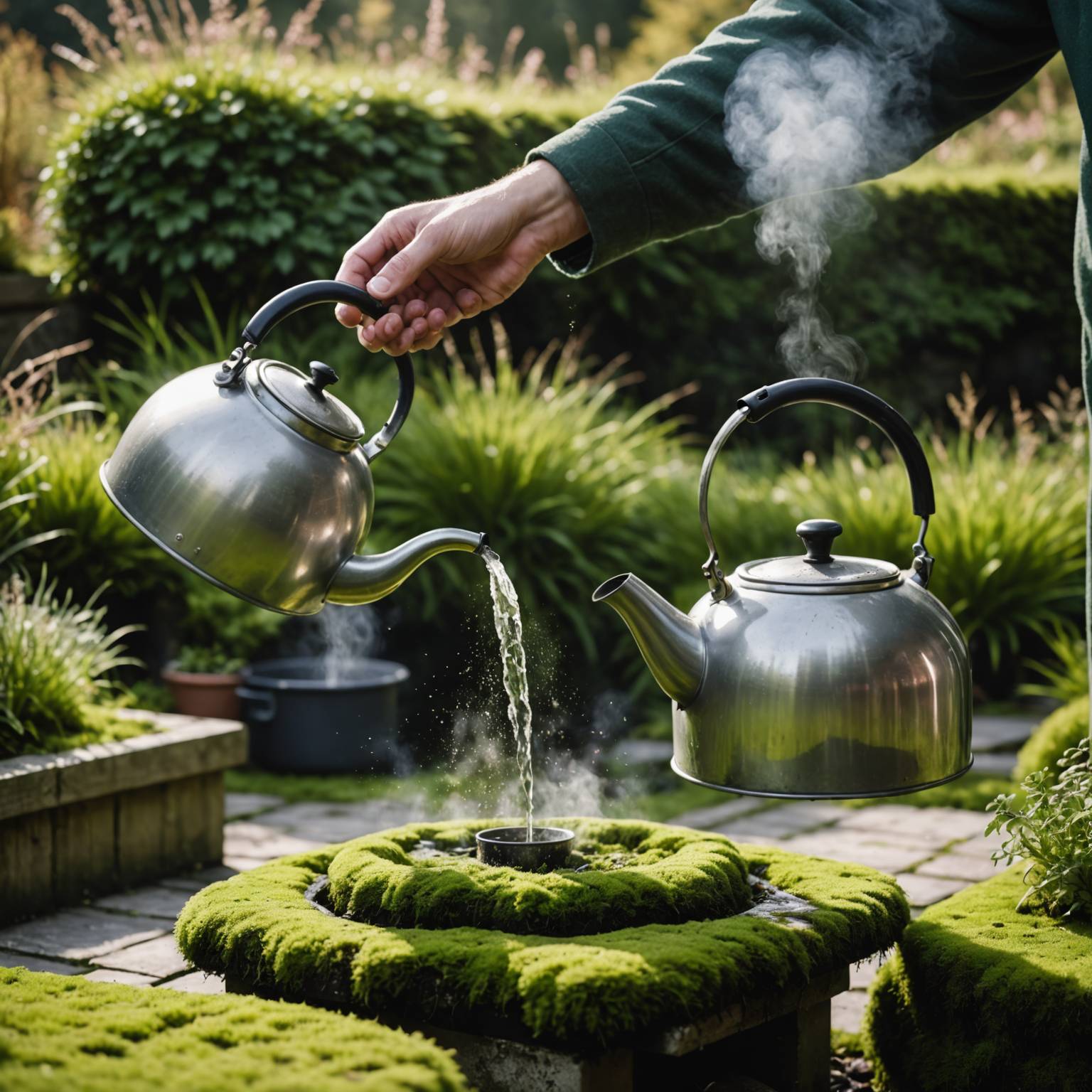 Pouring boiling water from kettle onto moss between patio slabs