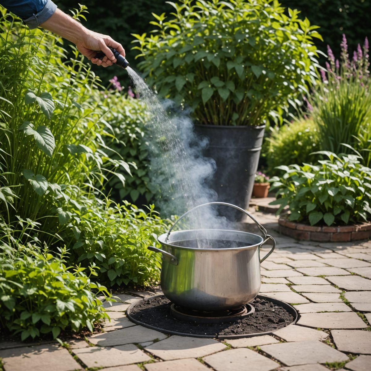 Boiling water being poured on weeds