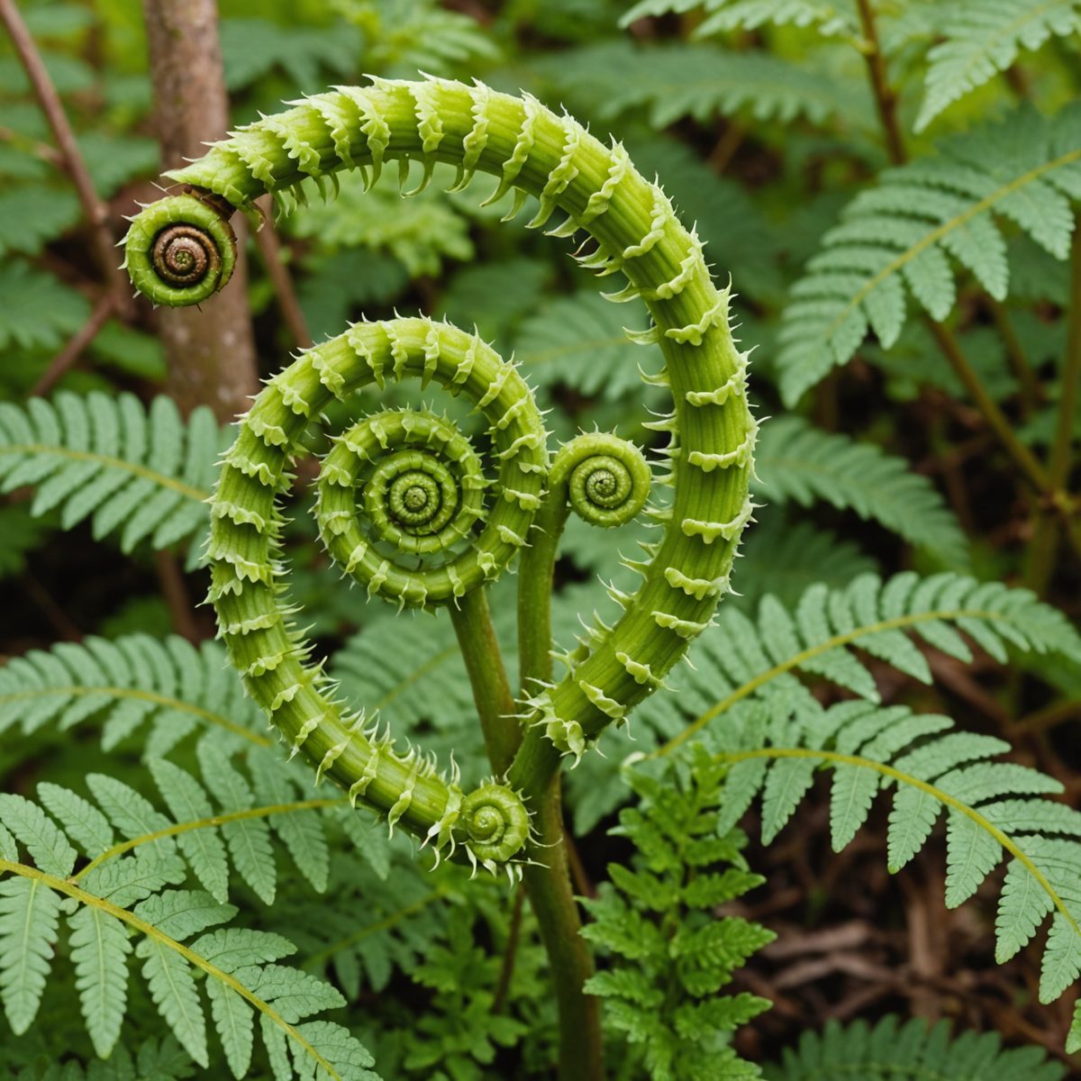 Bracken fern fiddlehead fronds unfurling in a UK garden