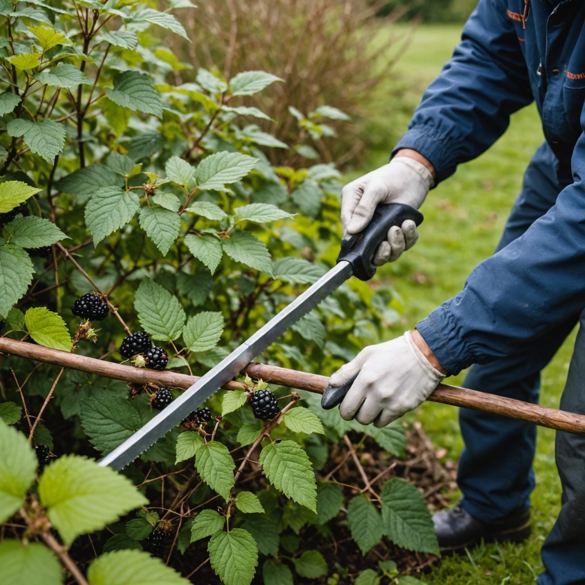 Cutting back bramble stems with loppers