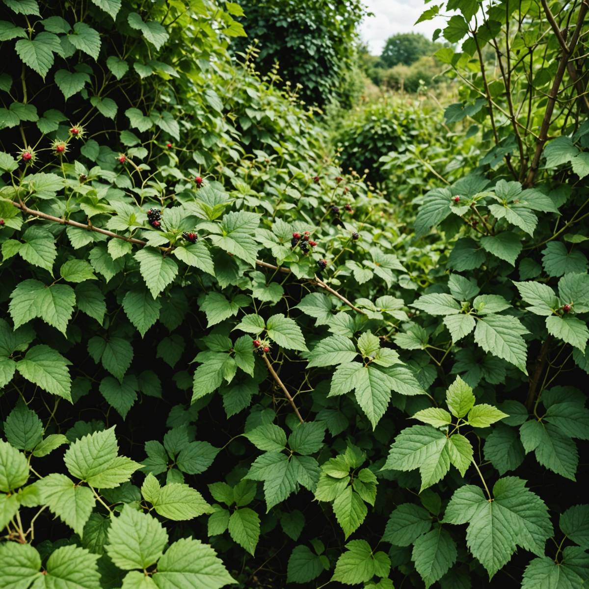 Dense bramble thicket with thorny arching stems