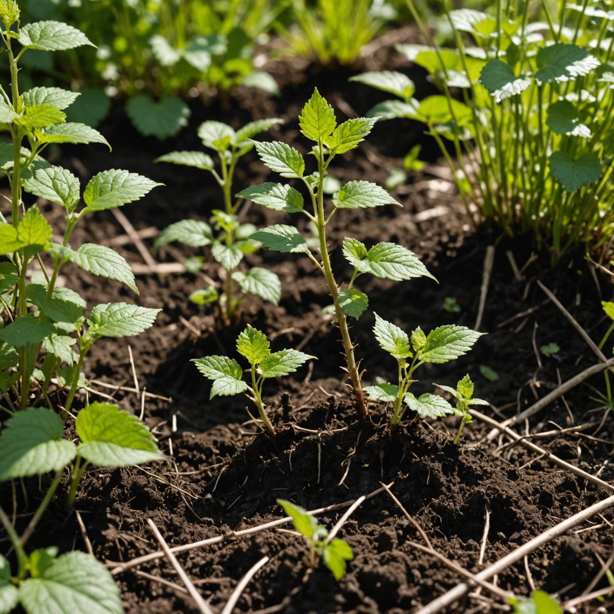 Bramble suckers emerging from soil away from parent plant