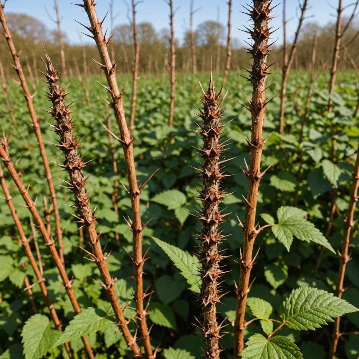 Thorny bramble canes close-up