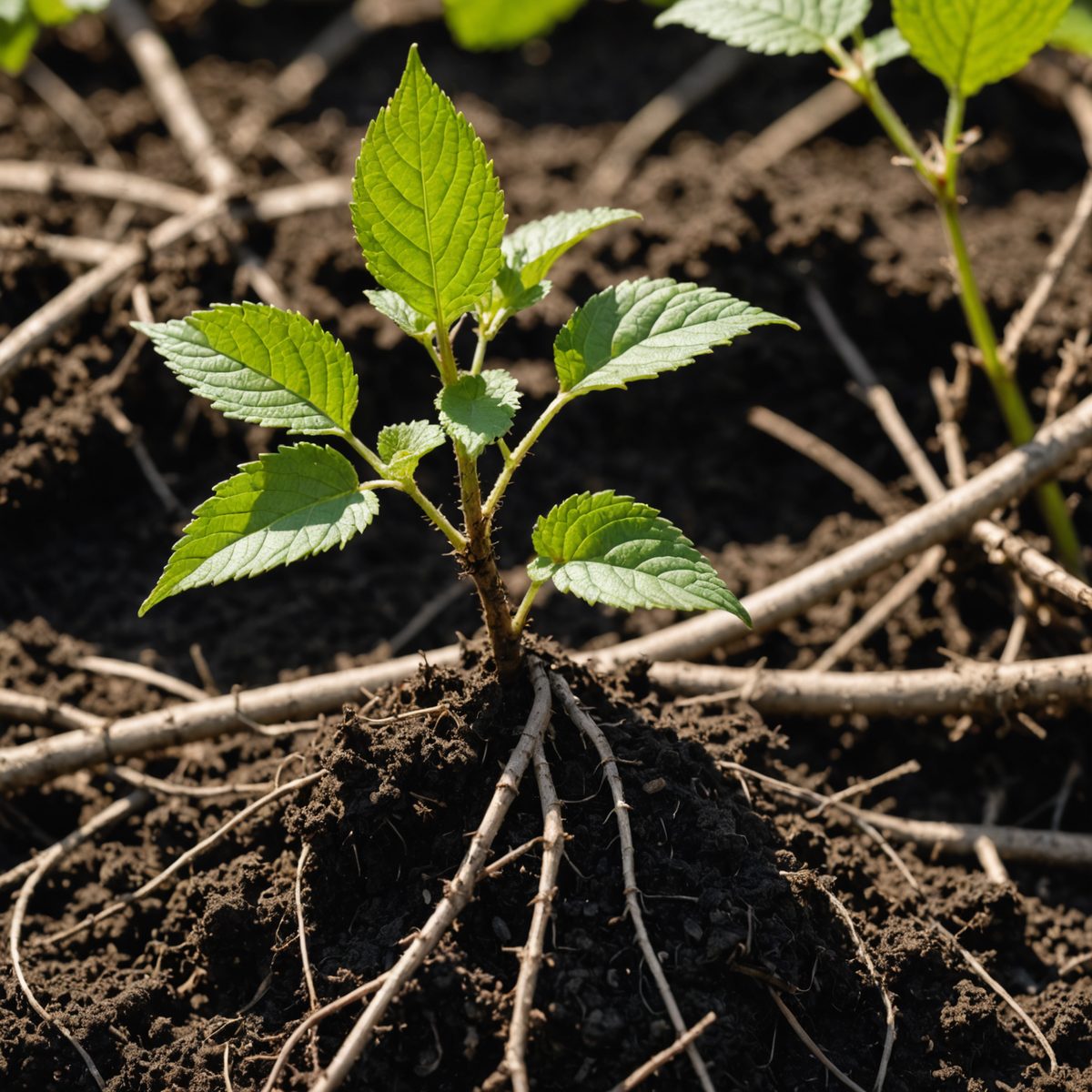 Bramble stem tip rooting into soil through tip layering