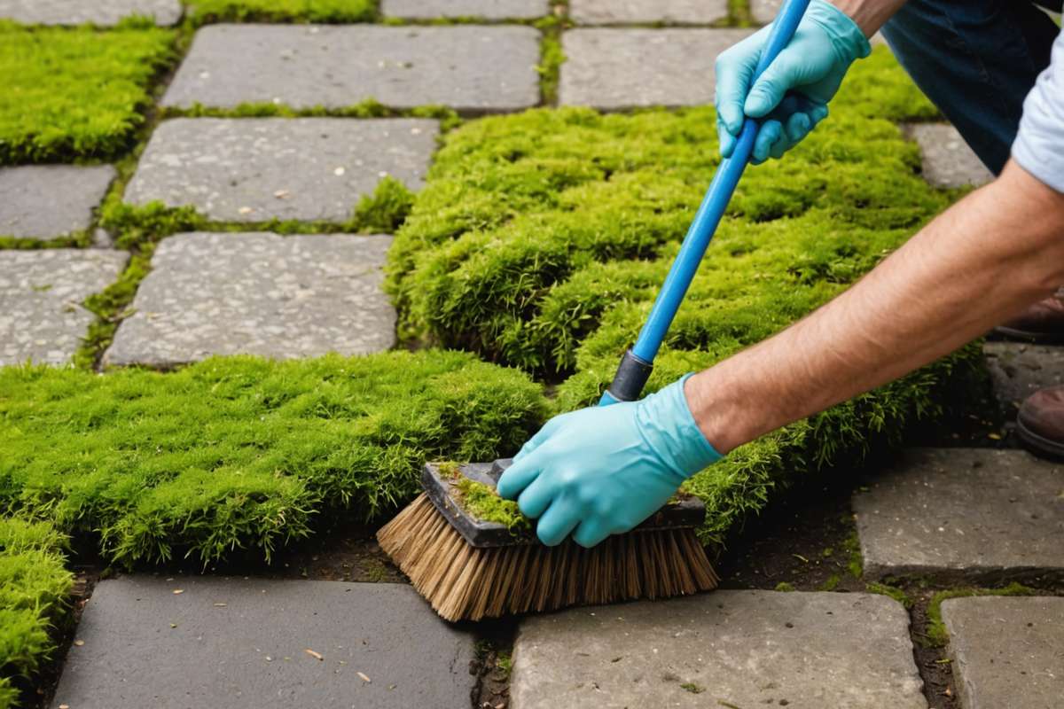 Brushing away dead brown moss from patio after treatment