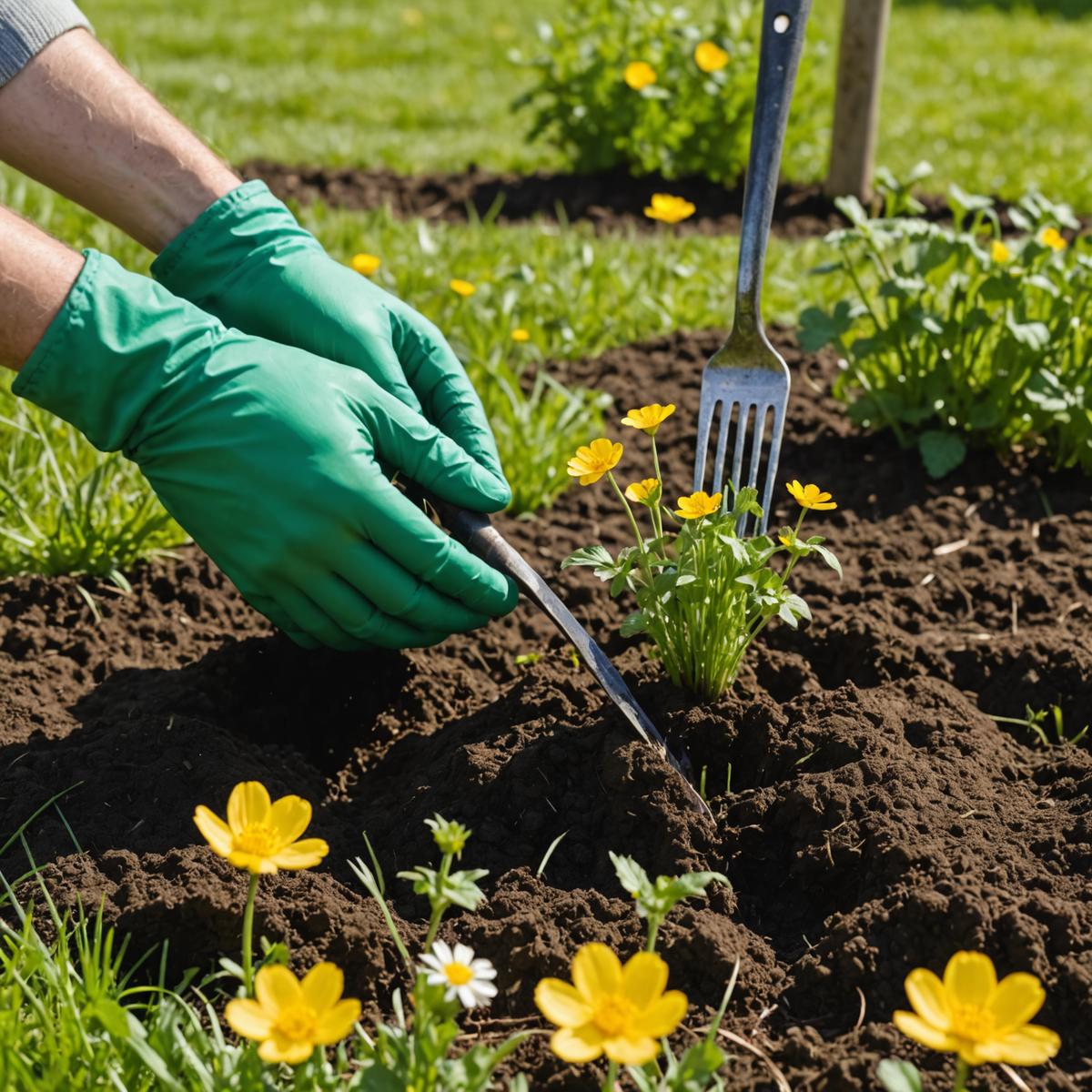 Hand weeding buttercup from lawn