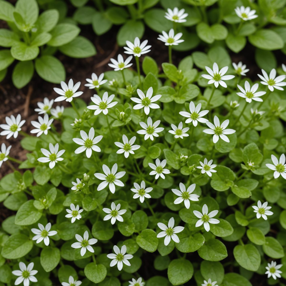 Chickweed plant with small white star-shaped flowers in a UK garden