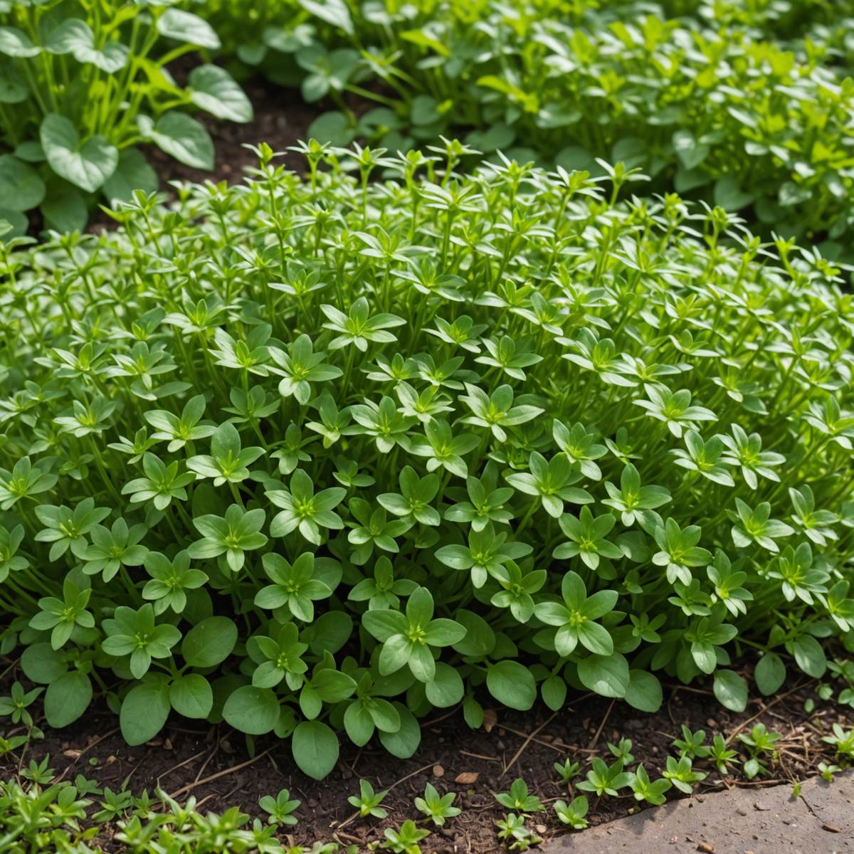 Dense mat of chickweed spreading across a UK garden border