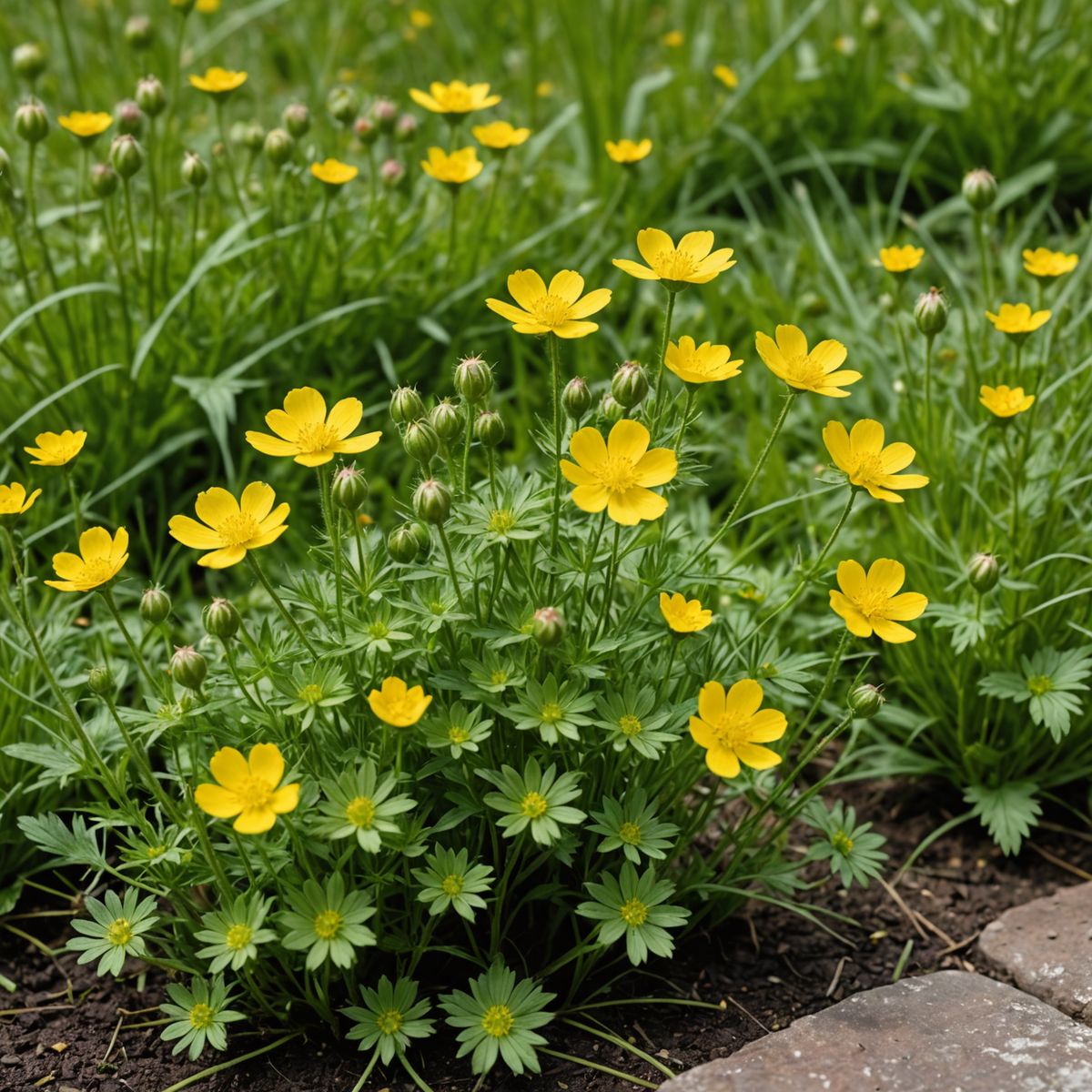 Cinquefoil runners spreading and rooting across lawn