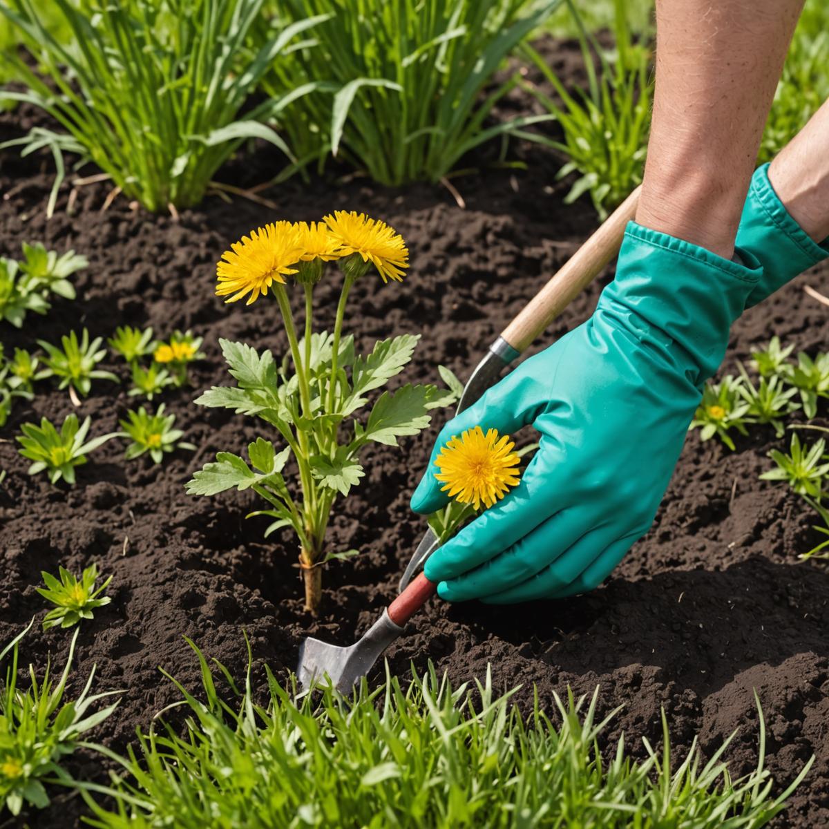Removing cinquefoil taproot with weeding tool