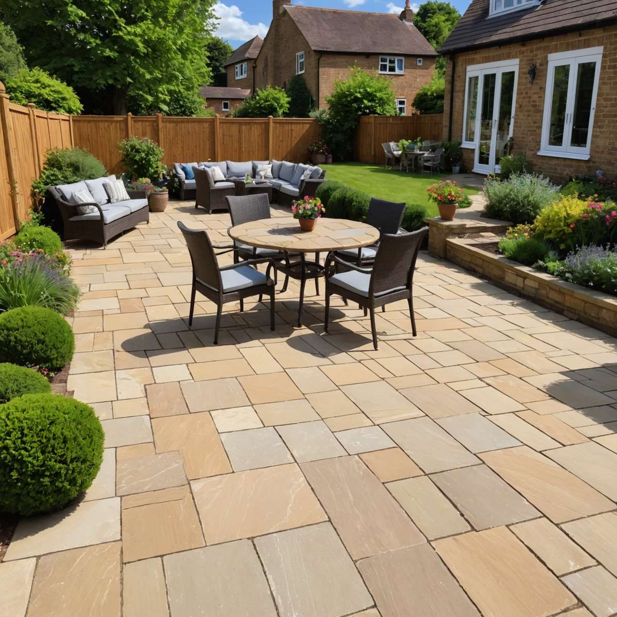 Clean Indian sandstone patio after moss removal