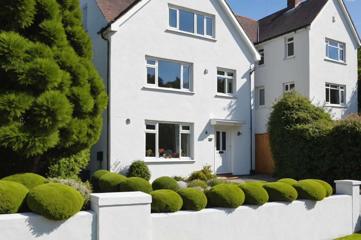 Clean white rendered wall after successful moss treatment