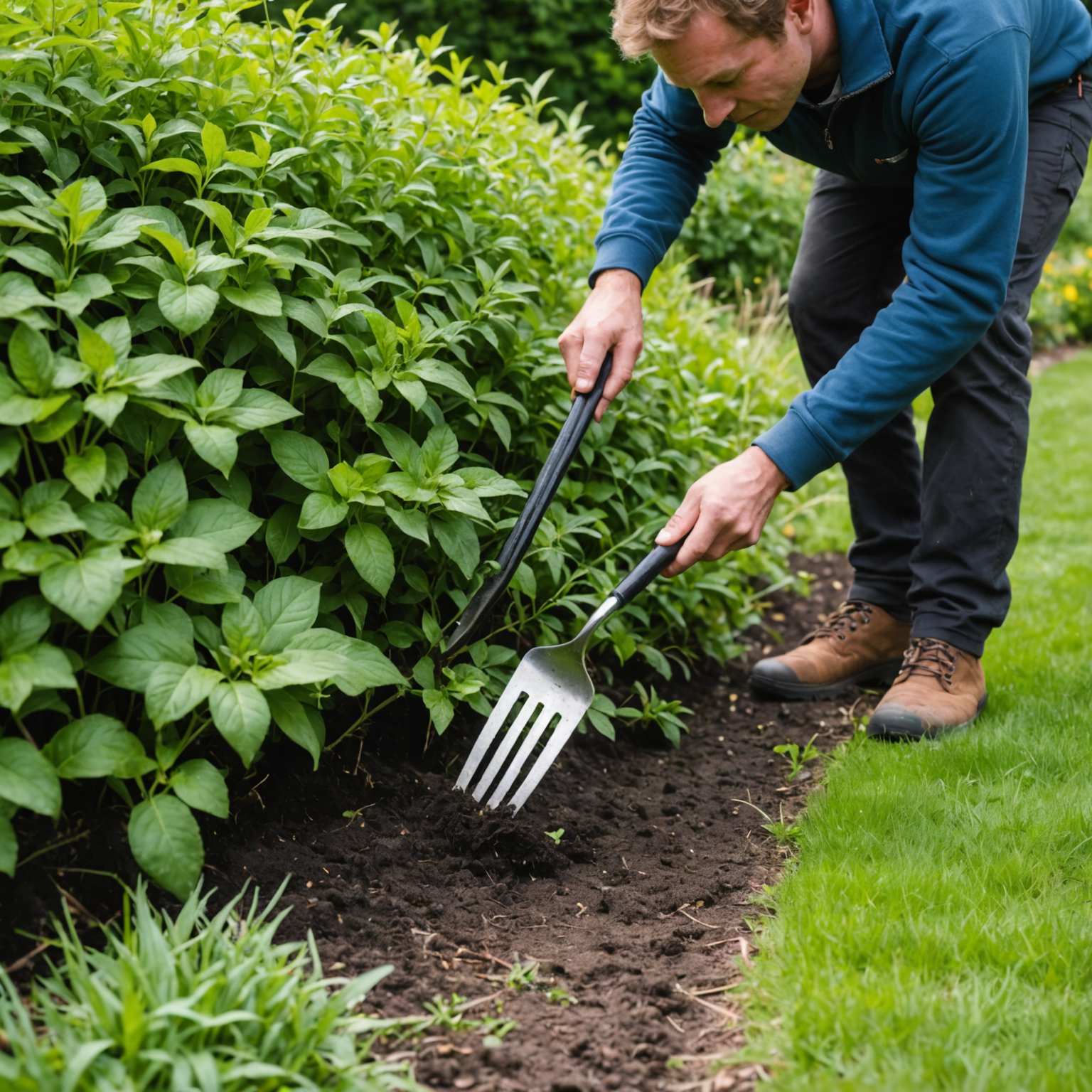 Clearing weeds from hedge base