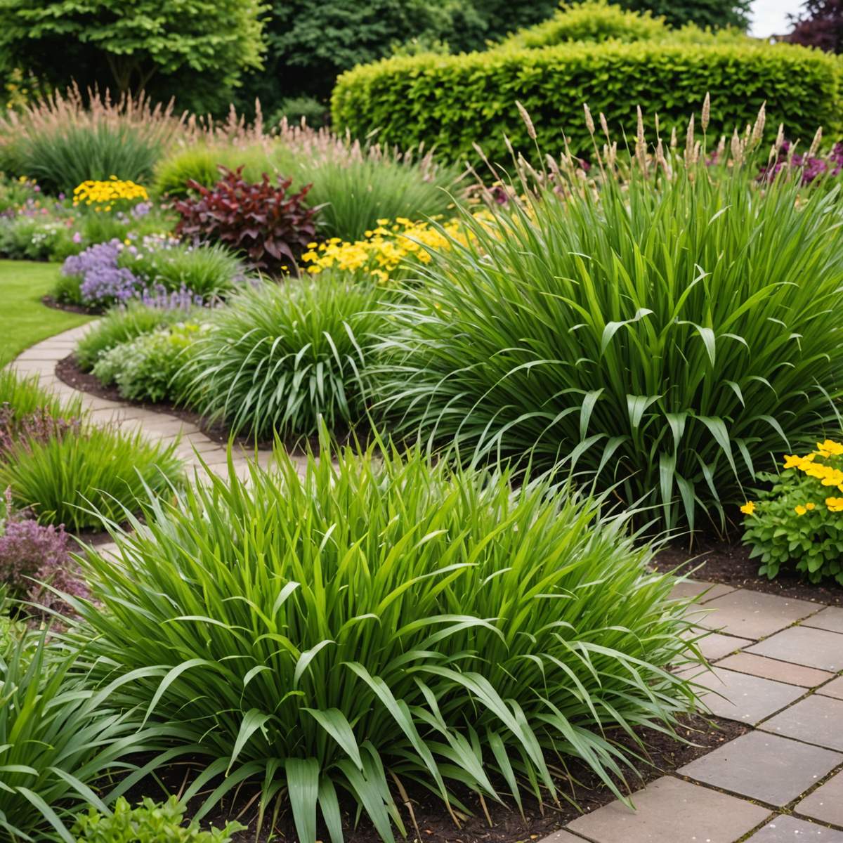 Couch grass growing through ornamental border plants in a UK garden