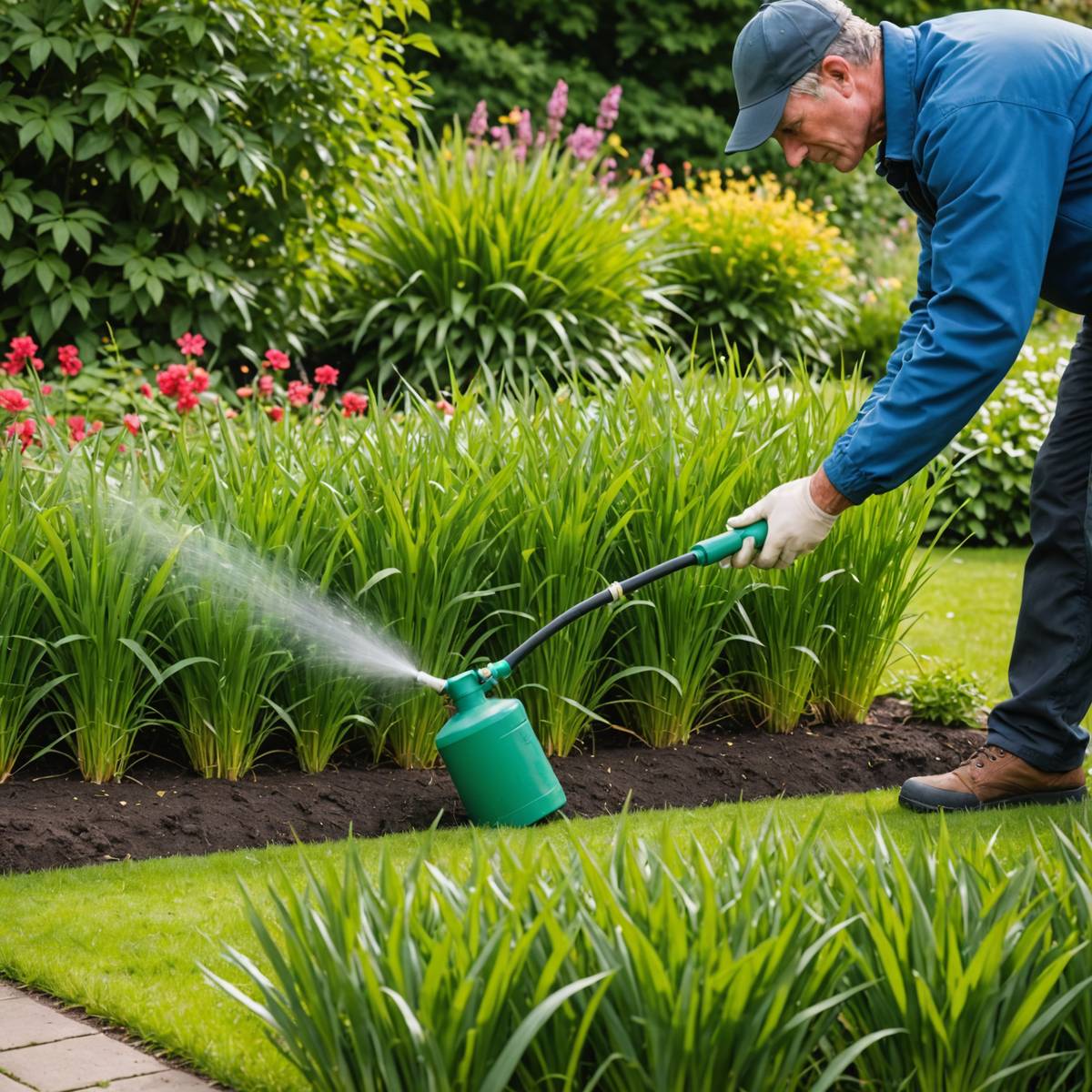 Gardener using pump sprayer to apply weedkiller to couch grass while protecting nearby plants