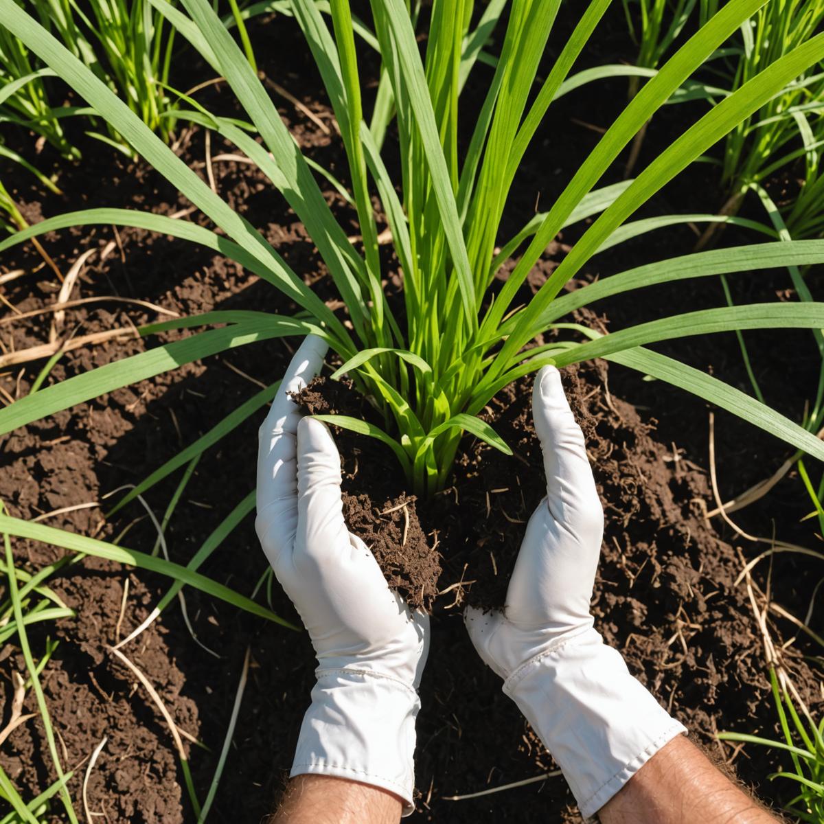 Couch grass showing flat green leaf blades and distinctive white wiry rhizomes with sharp pointed tips