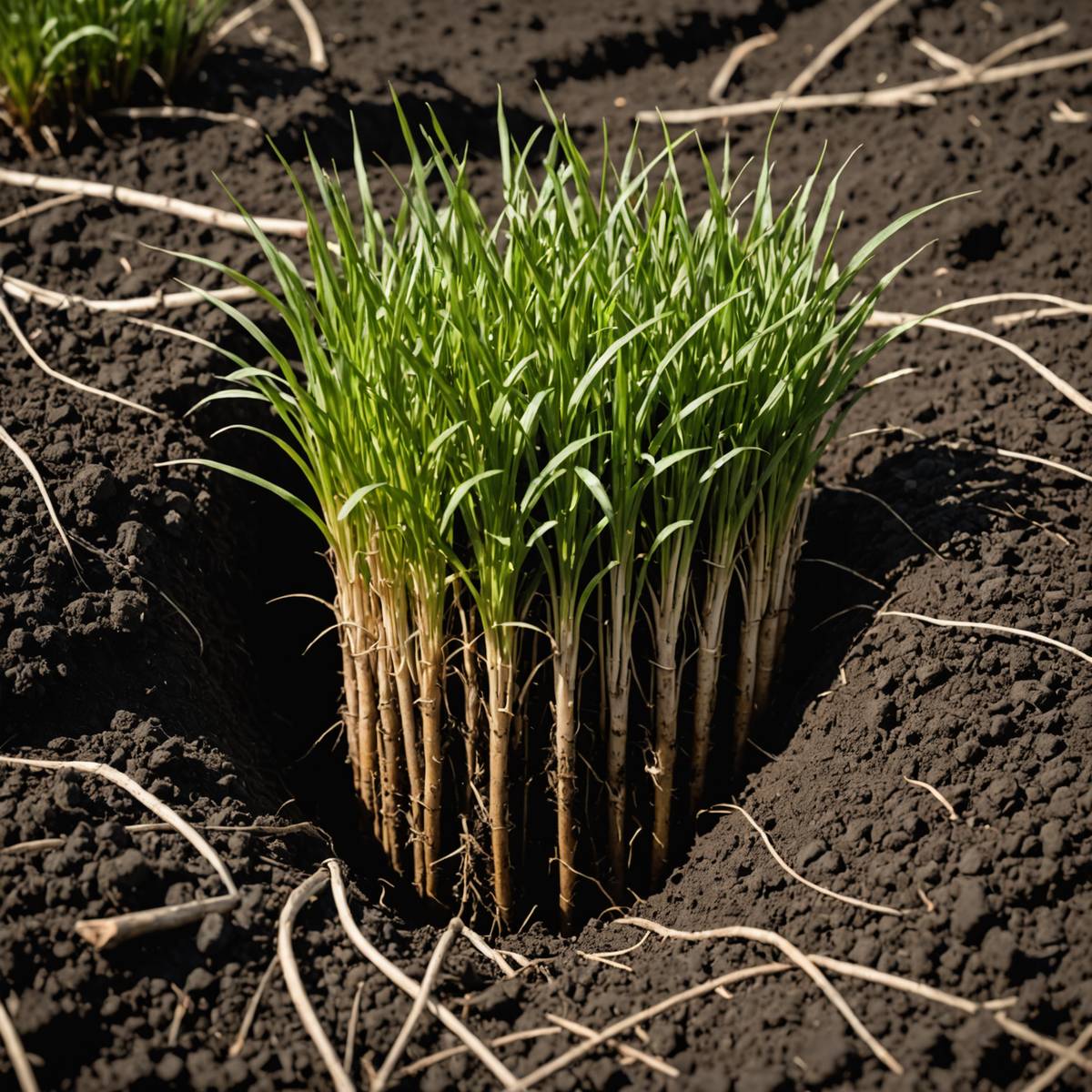 Couch grass white rhizome root network exposed in garden soil showing horizontal spreading