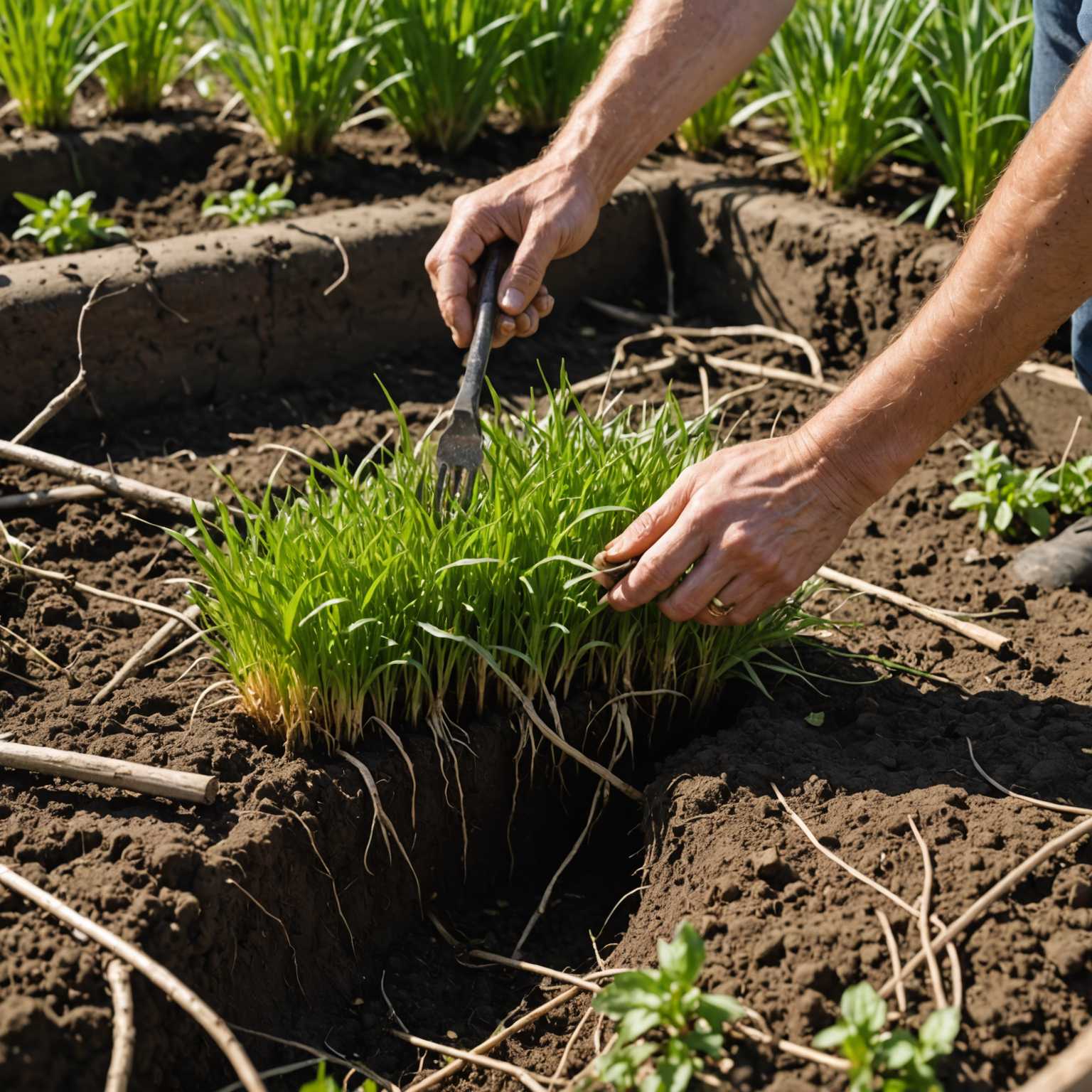 Couch grass rhizomes being removed from soil