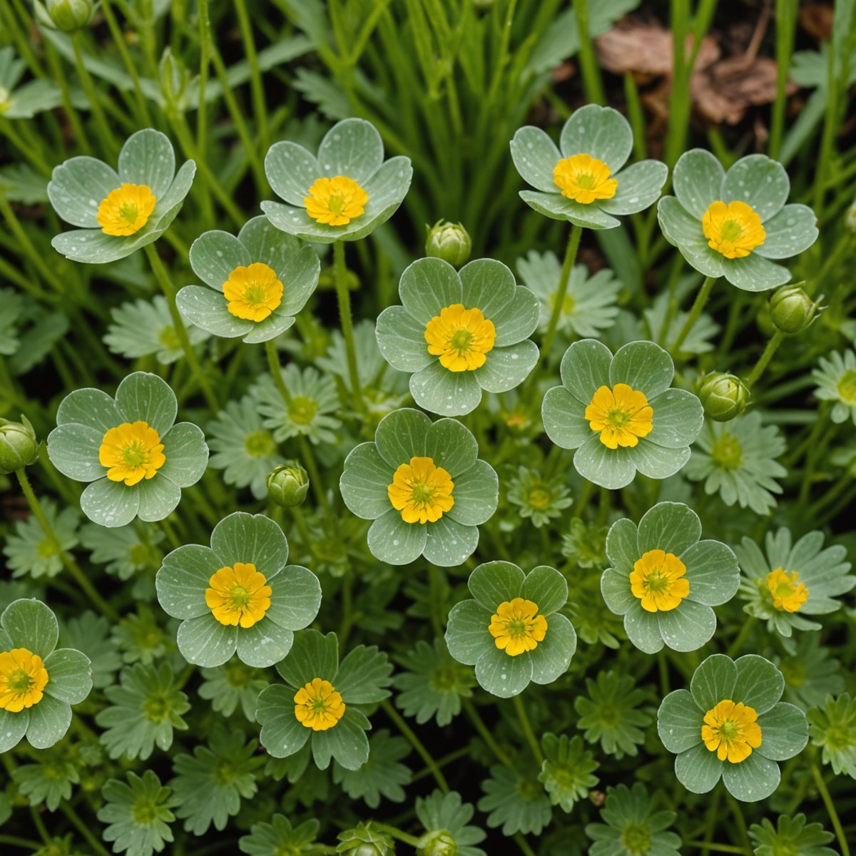 Creeping buttercup weed with three-lobed leaves growing in lawn