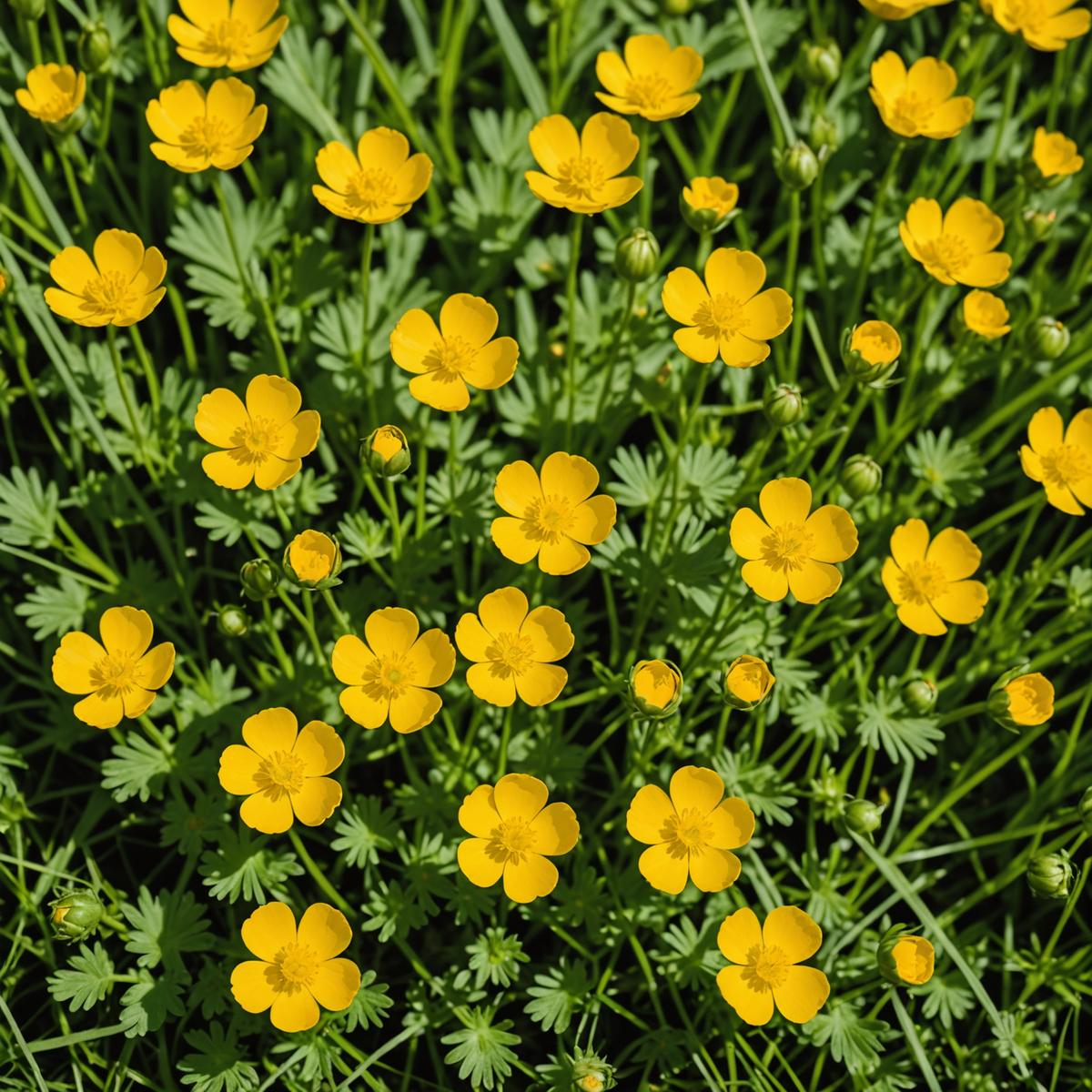 Bright yellow glossy buttercup flowers