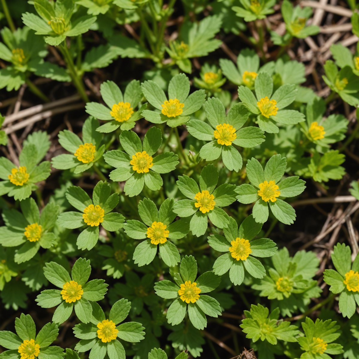 Creeping cinquefoil with five-fingered leaves growing in lawn